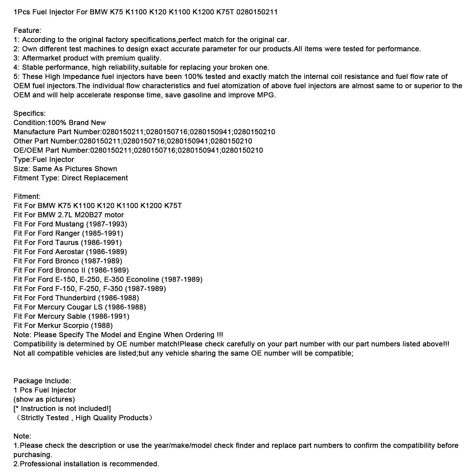 1Pcs Fuel Injector For BMW K75 K1100 K120 K1100 K1200 K75T 0280150211