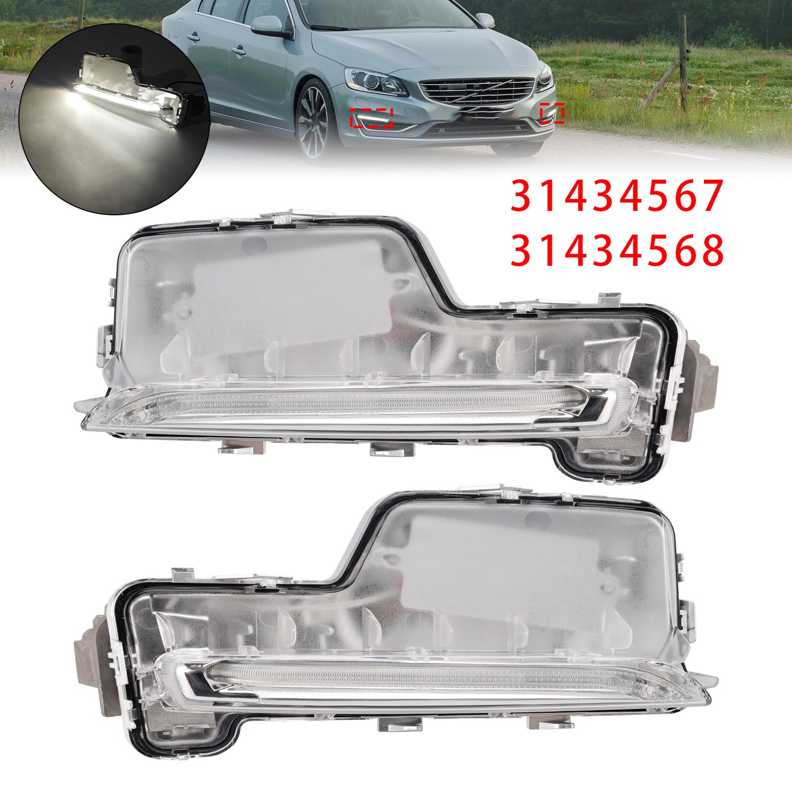 Pair Front Fog Light Lamp For Volvo S60 2014-2018 31434567 31434568