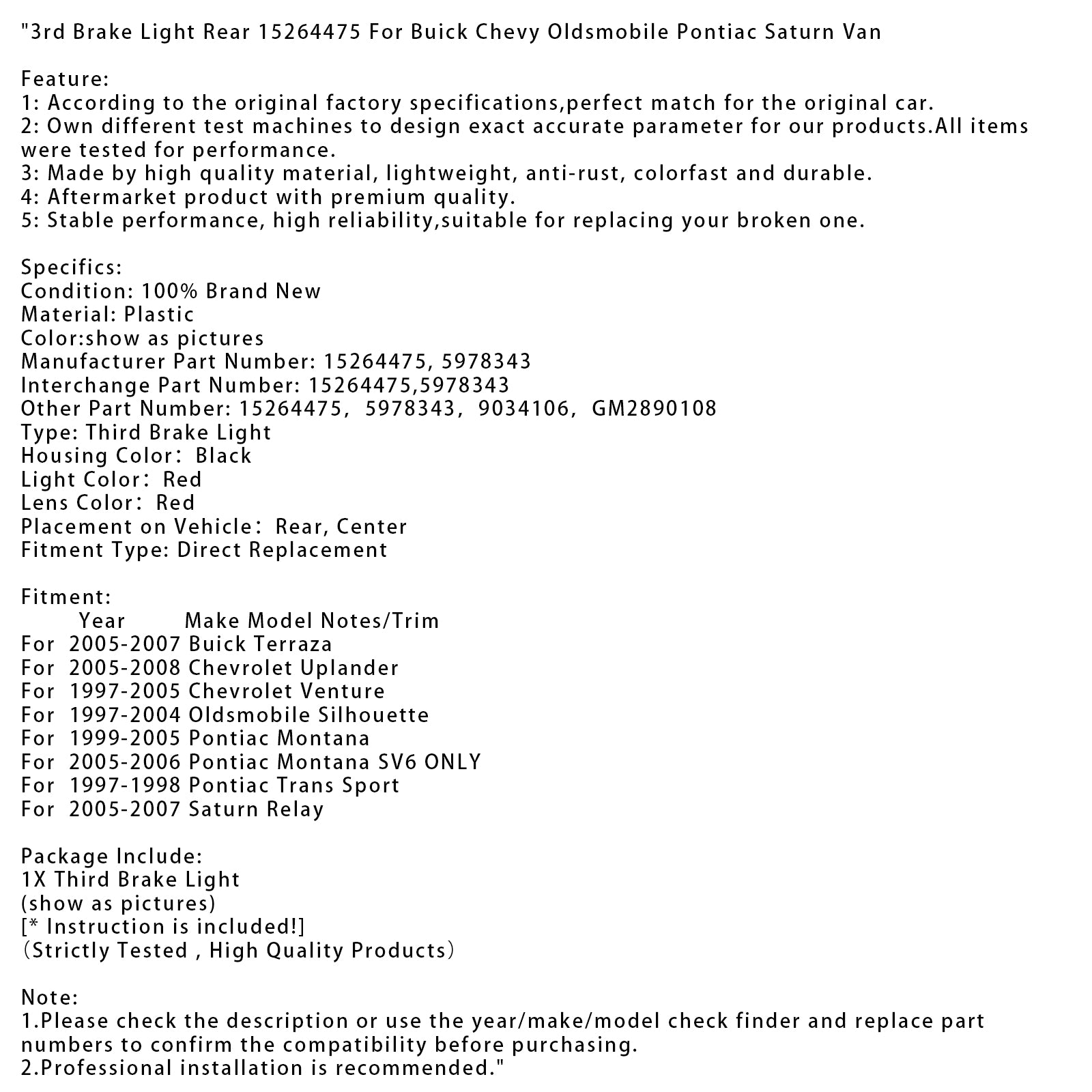 Tercera luz de freno trasera 15264475 para Buick Chevy Oldsmobile Pontiac Saturn Van