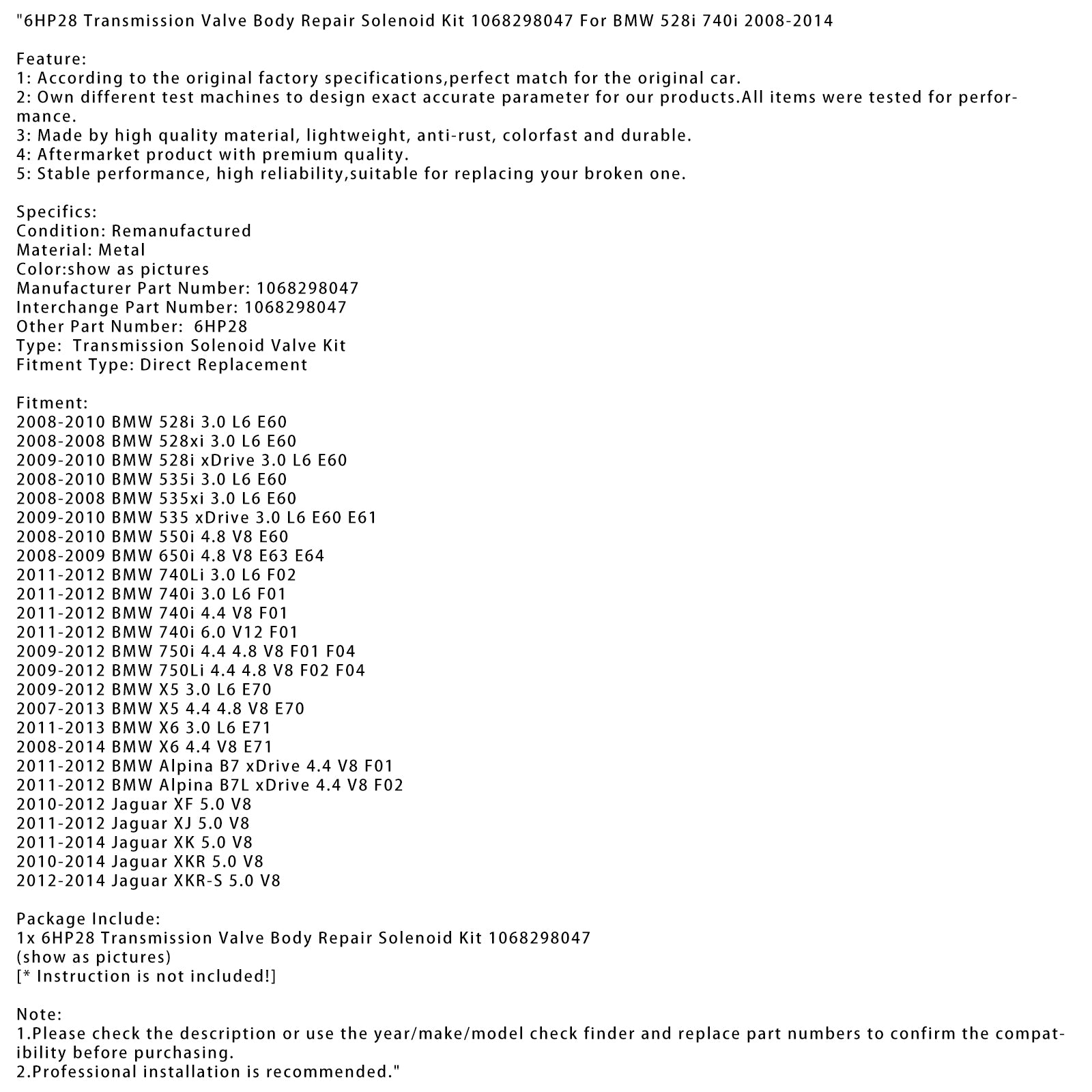 2008-2010 BMW 528i 3.0 L6 E60 6HP28 Transmissie Kleplichaam Reparatiesolenoïdeset 1068298047