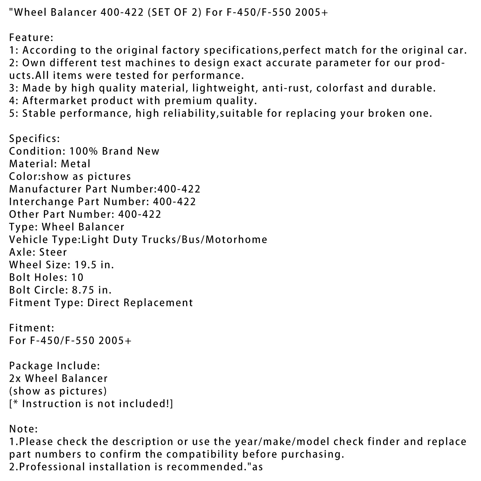 2005+ F-450/F-550 wielbalancer 400-422 (SET VAN 2)