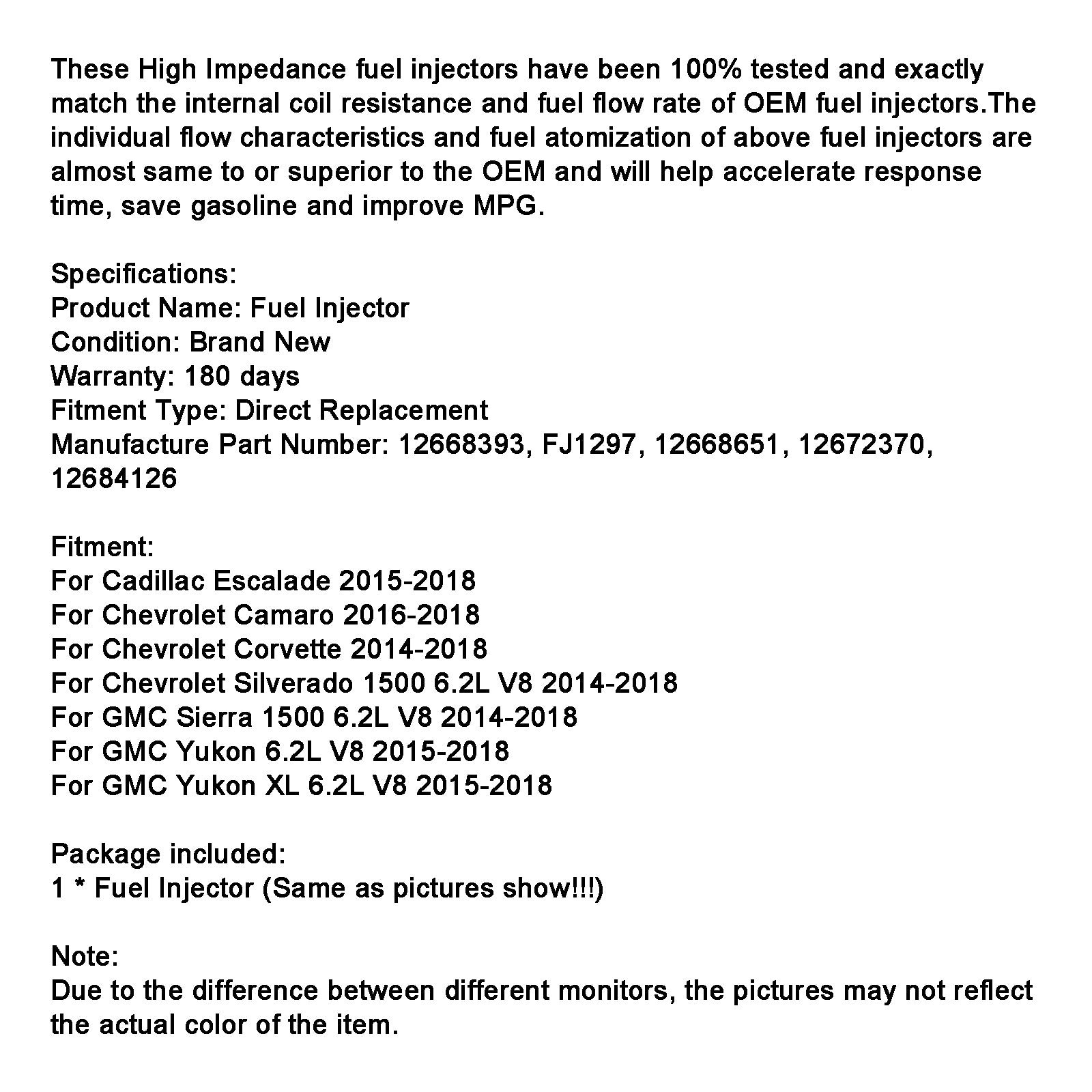 1pcs injektor paliva 12668393 Fit Cadillac Escalade 2015-2018 Fit Camaro 16-18