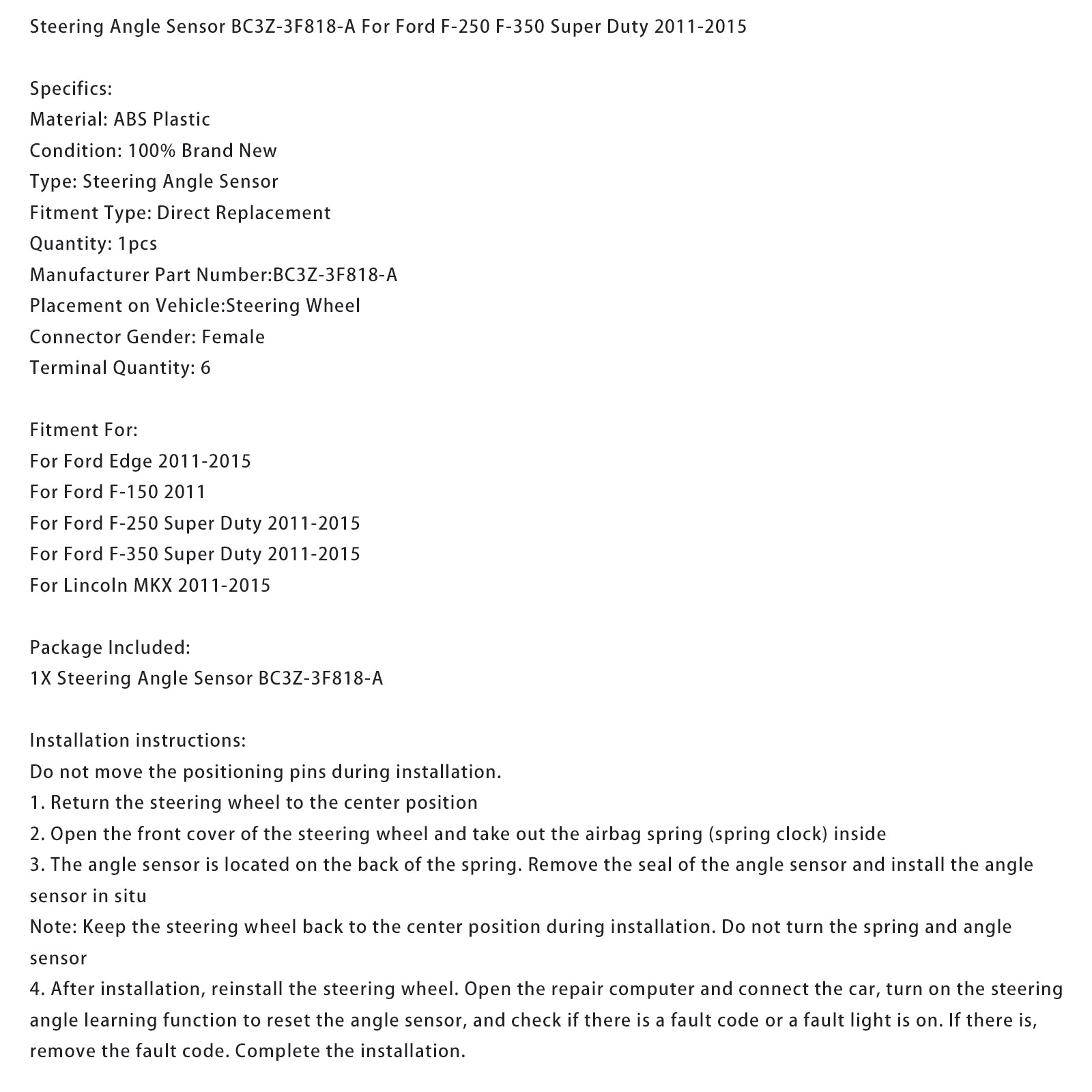 Steering Angle Sensor BC3Z-3F818-A For Ford F-250 F-350 Super Duty 2011-2015