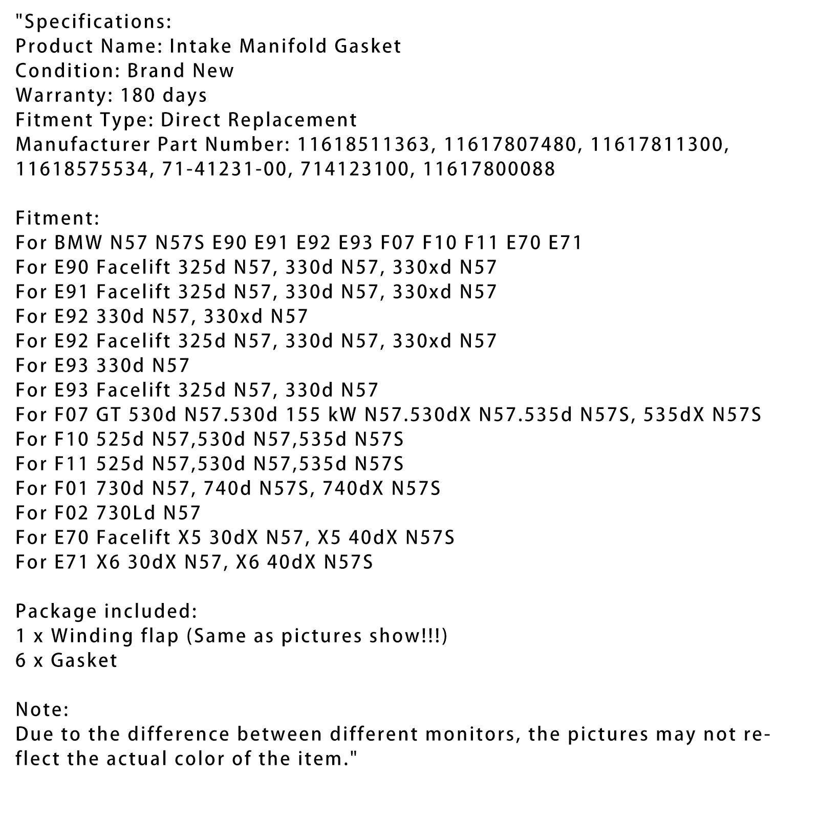 6PCS Inlaatspruitstuk Pakking 1167807480 Fit BMW E90-93 F10 F11 F07 X5 X6 N57