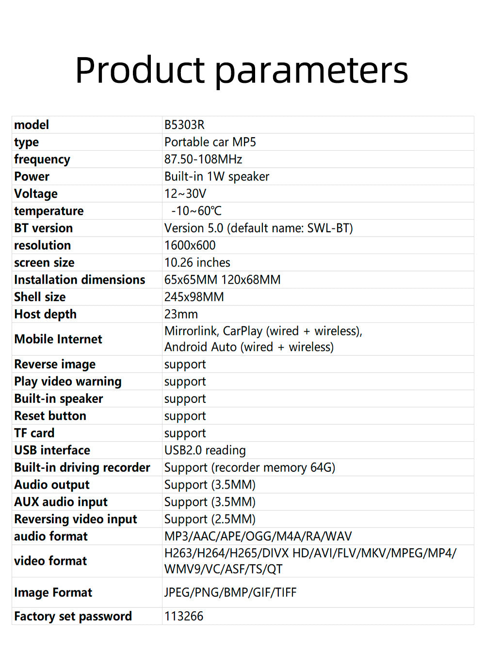 10.26" Draadloze CarPlay Bluetooth Radio FM Auto MP5 Speler AHD Recorder Camera