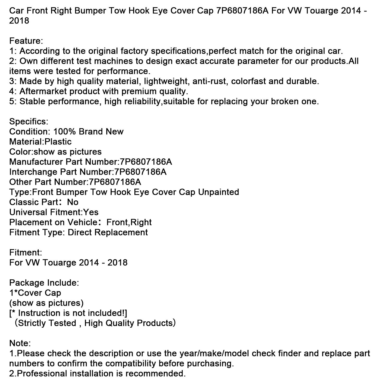 Car Front Right Bumper Tow Hook Eye Cover Cap 7P6807186A For VW Touarge 14-18