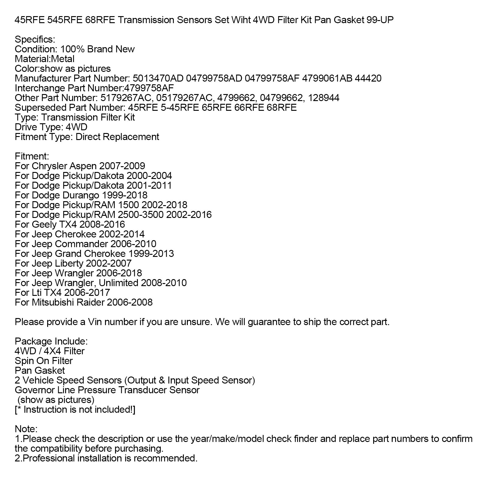 45RFE 545RFE 68RFE transmissiesensorenset met 4WD-filterset panpakking 99-UP
