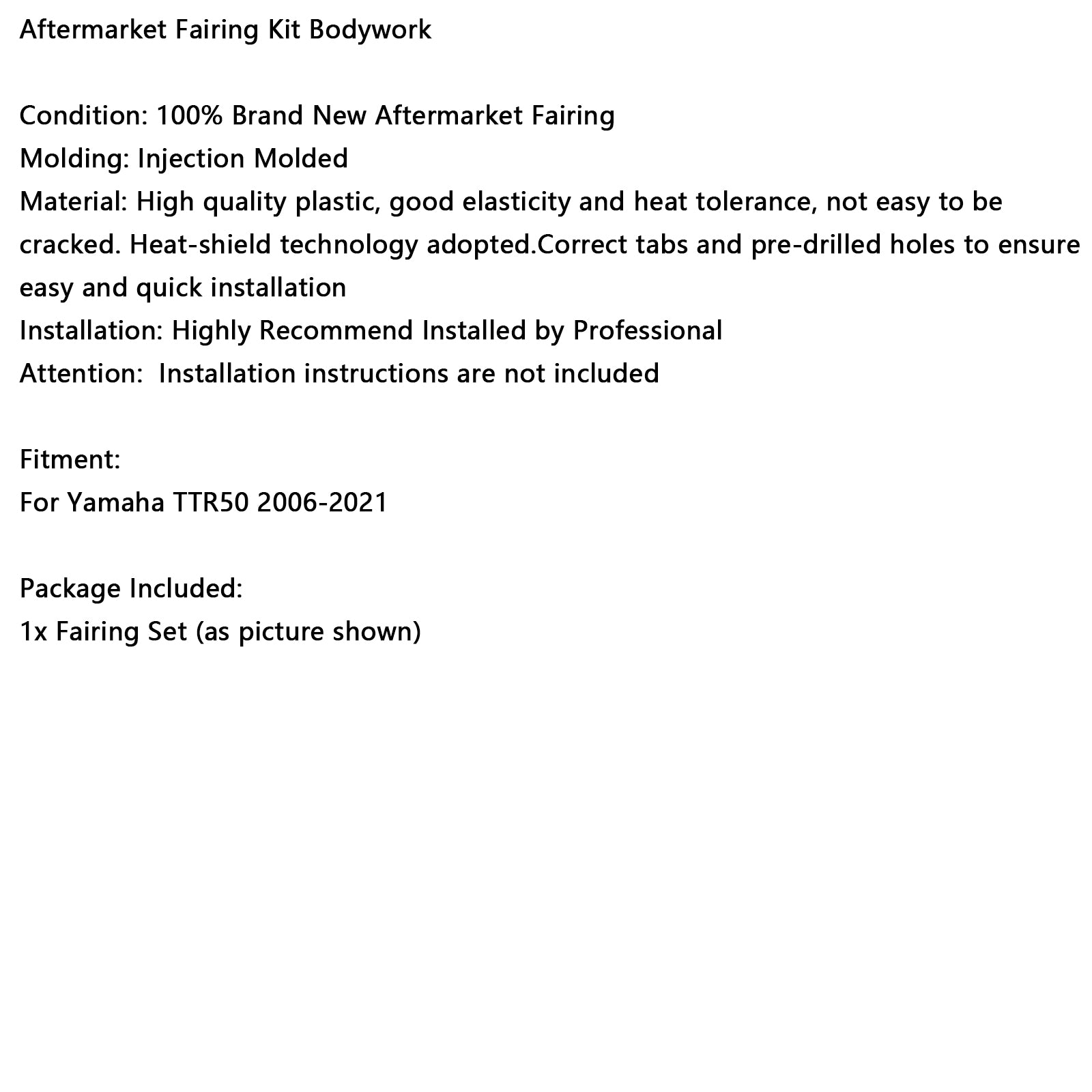 2006-2021 Yamaha TTR50 kunststof carrosseriekit voor-achterspatbordkuip