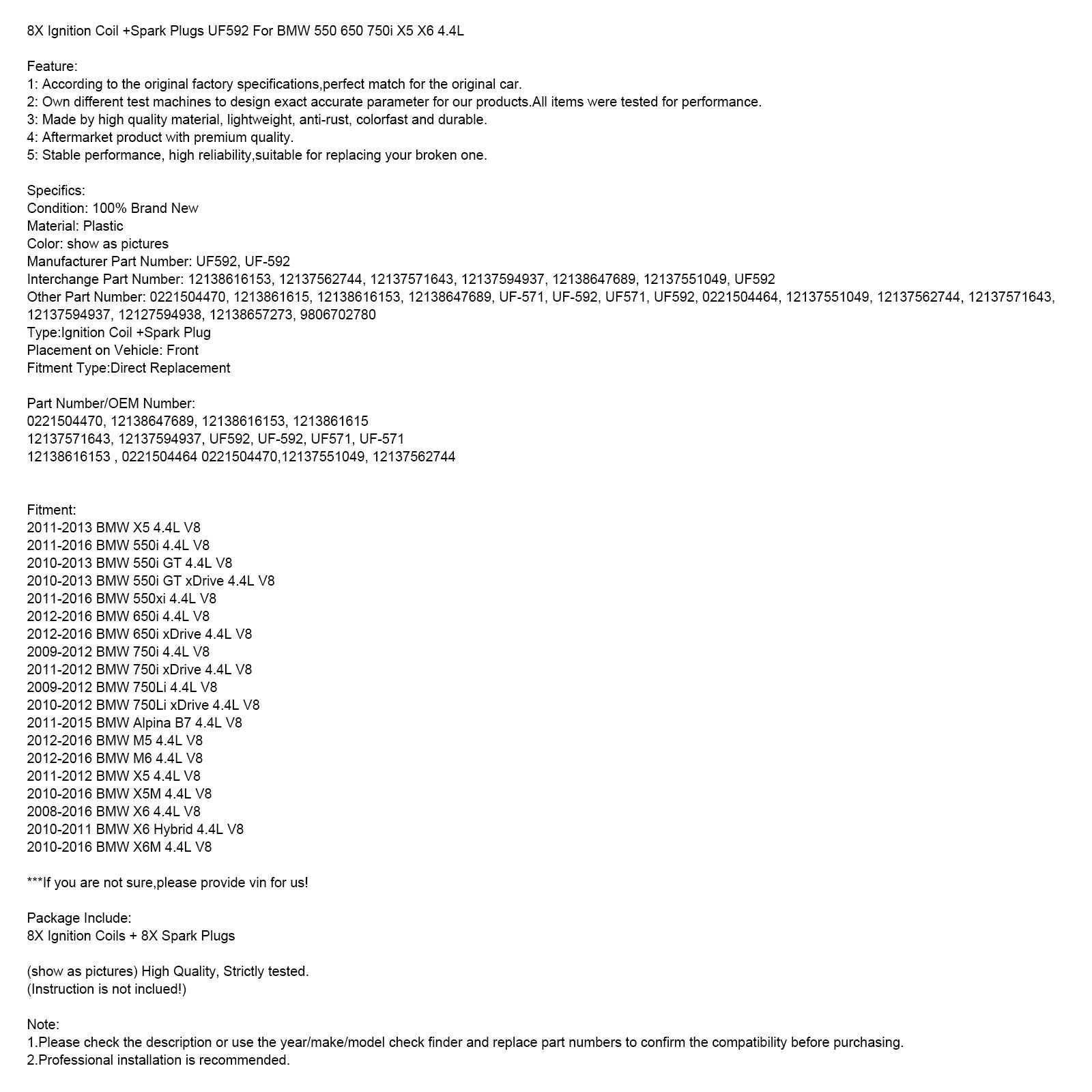 2012-2016 BMW M6 4.4L V8 8X Bobine + Bougies UF592 0221504470