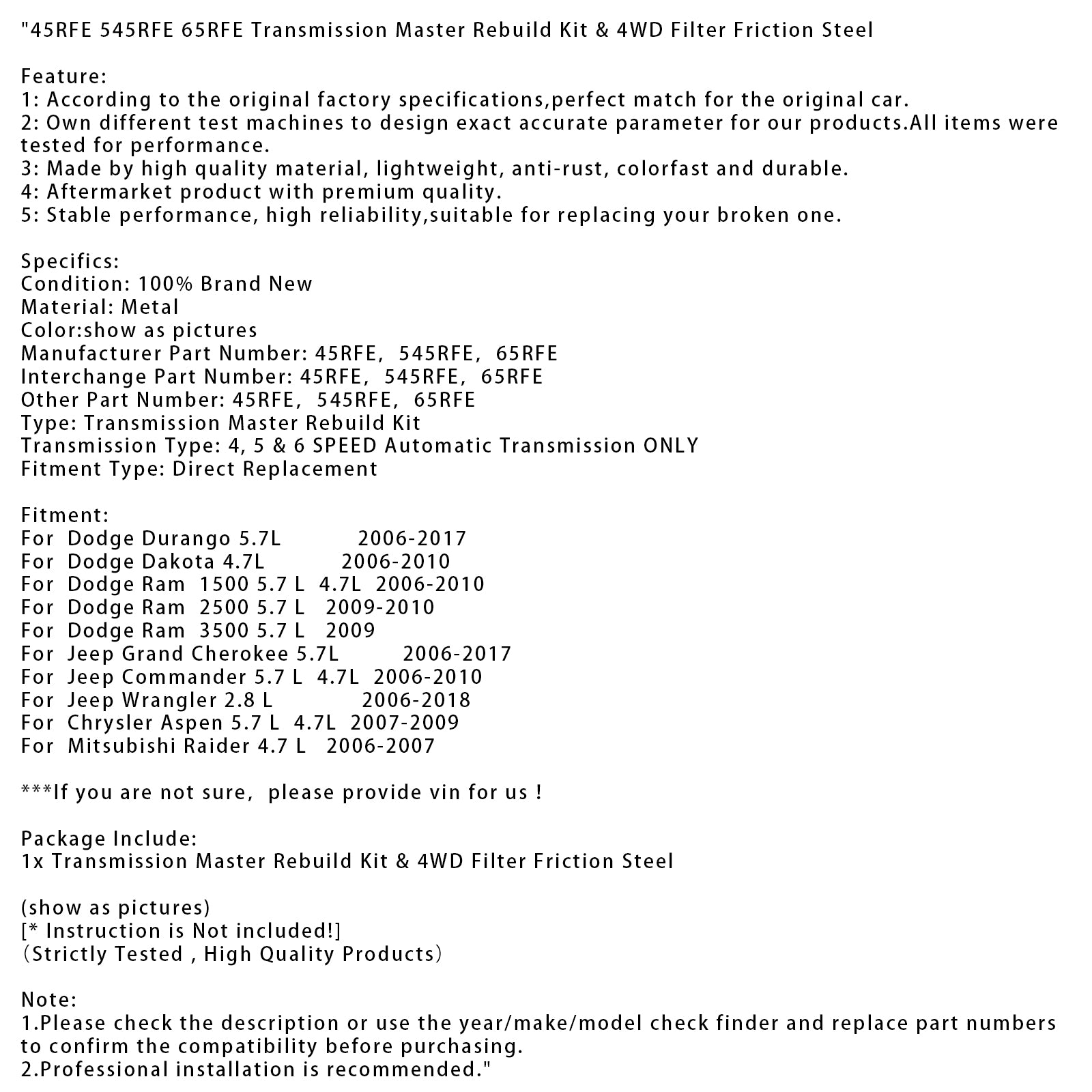 2009-2010 Dodge Ram 2500 5.7 L Transmission Master Rebuild Kit & 4WD Filter Friction Steel 45RFE 545RFE 65RFE