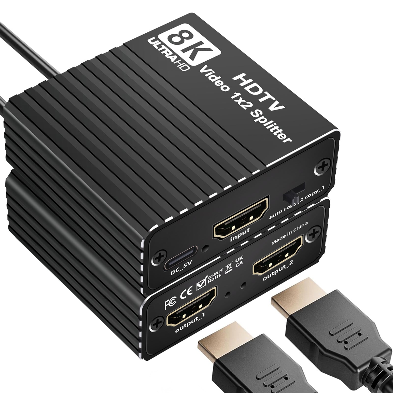 8K HDMI 1 naar 2 splitter HD2.1 8K60hz/4K120hz/1080P240hz met EDID-splitter 1x2