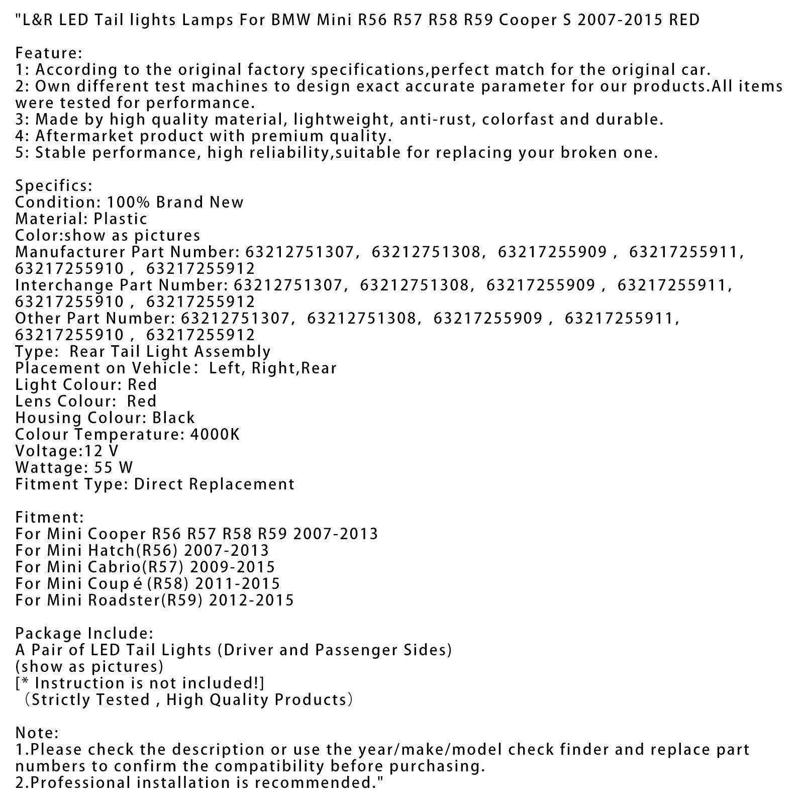 L&Zadné svetlá R LED pre BMW Mini R56 R57 R58 R59 Cooper S 2007-2015 ČERVENÉ