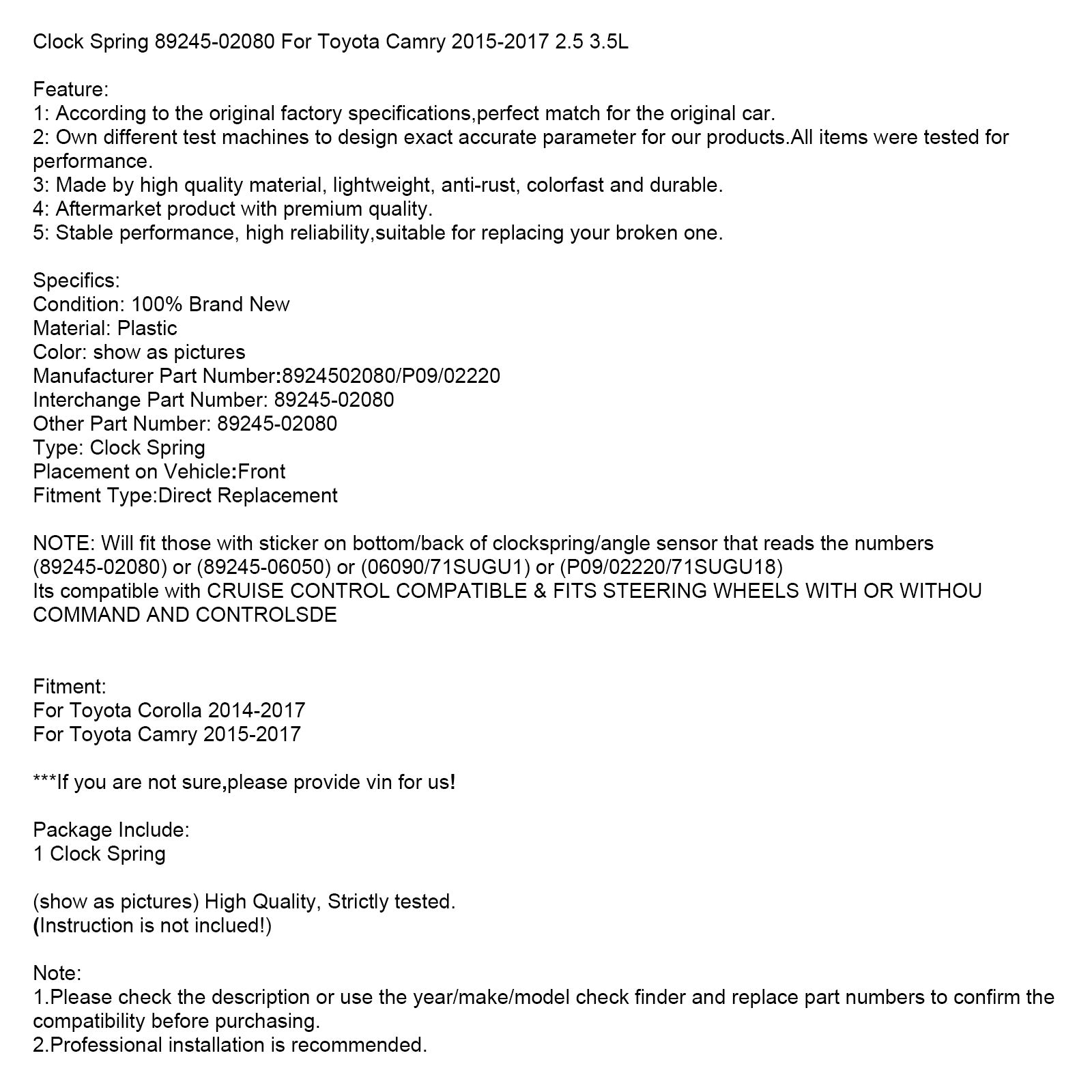 2015-2017 Toyota Camry 2.5 3.5L Clock Spring 89245-02080