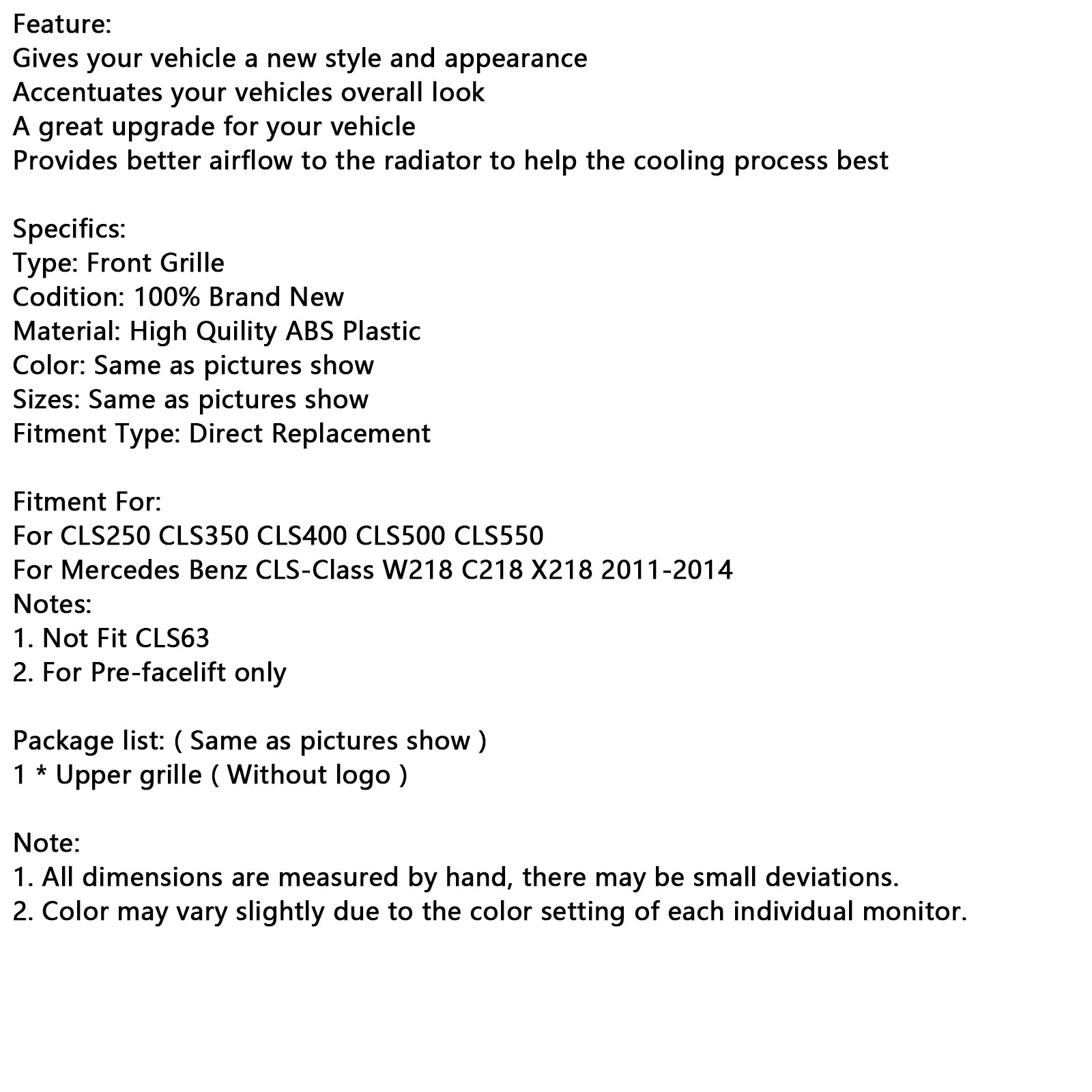 Mercedes-Benz 2011-2014 W218 Grille de calandre avant CLS ClS350/500/550