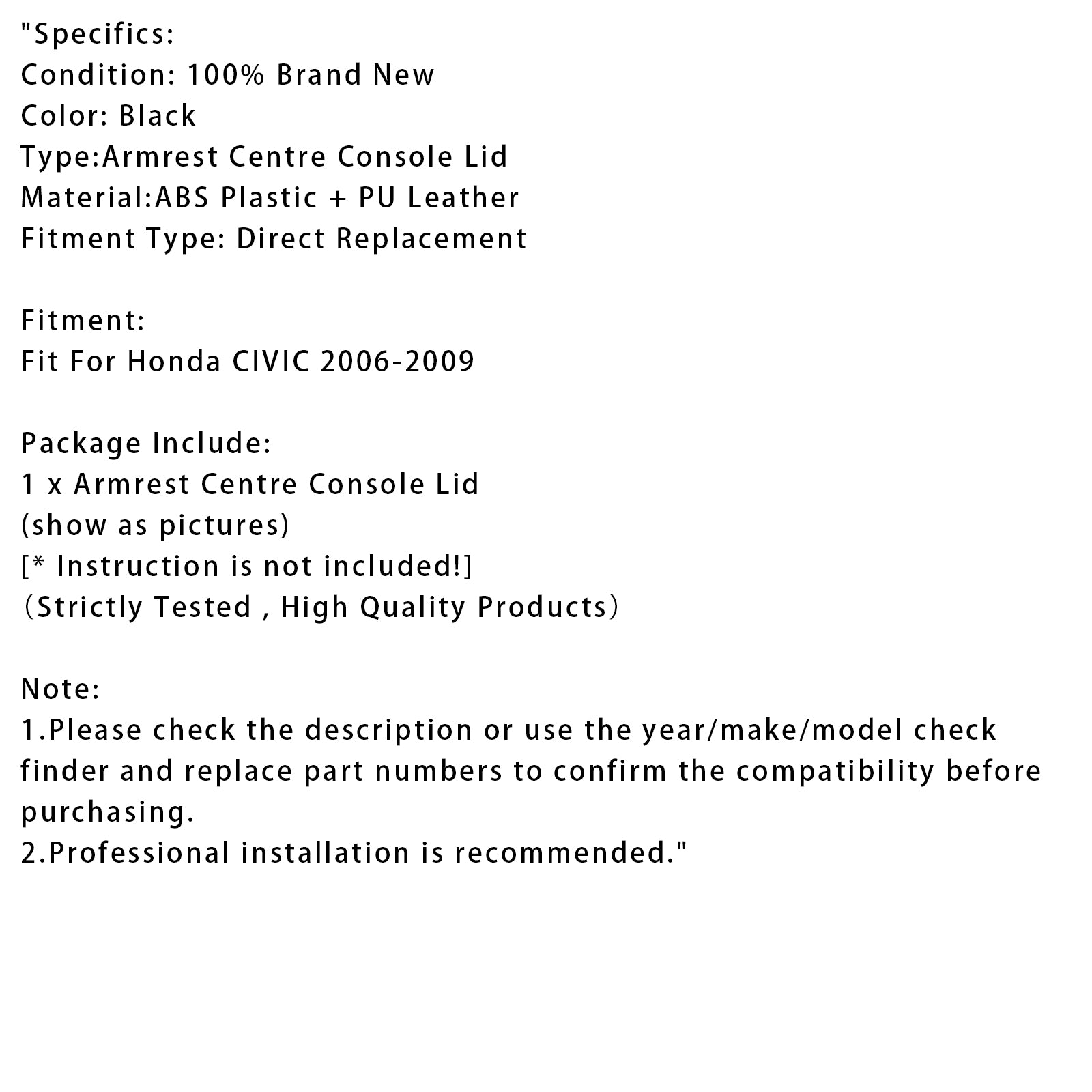 2006-2009 Honda CIVIC zwart lederen armsteun middenconsoledeksel