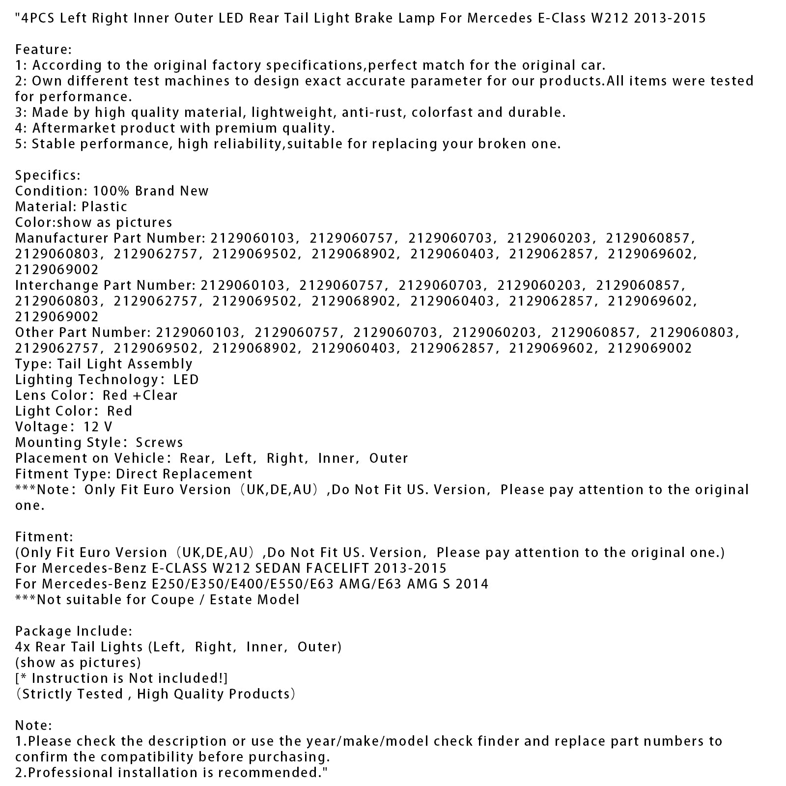 4PCS LED Rear Tail Light Brake Lamp For Mercedes E-Class W212 2013-2015