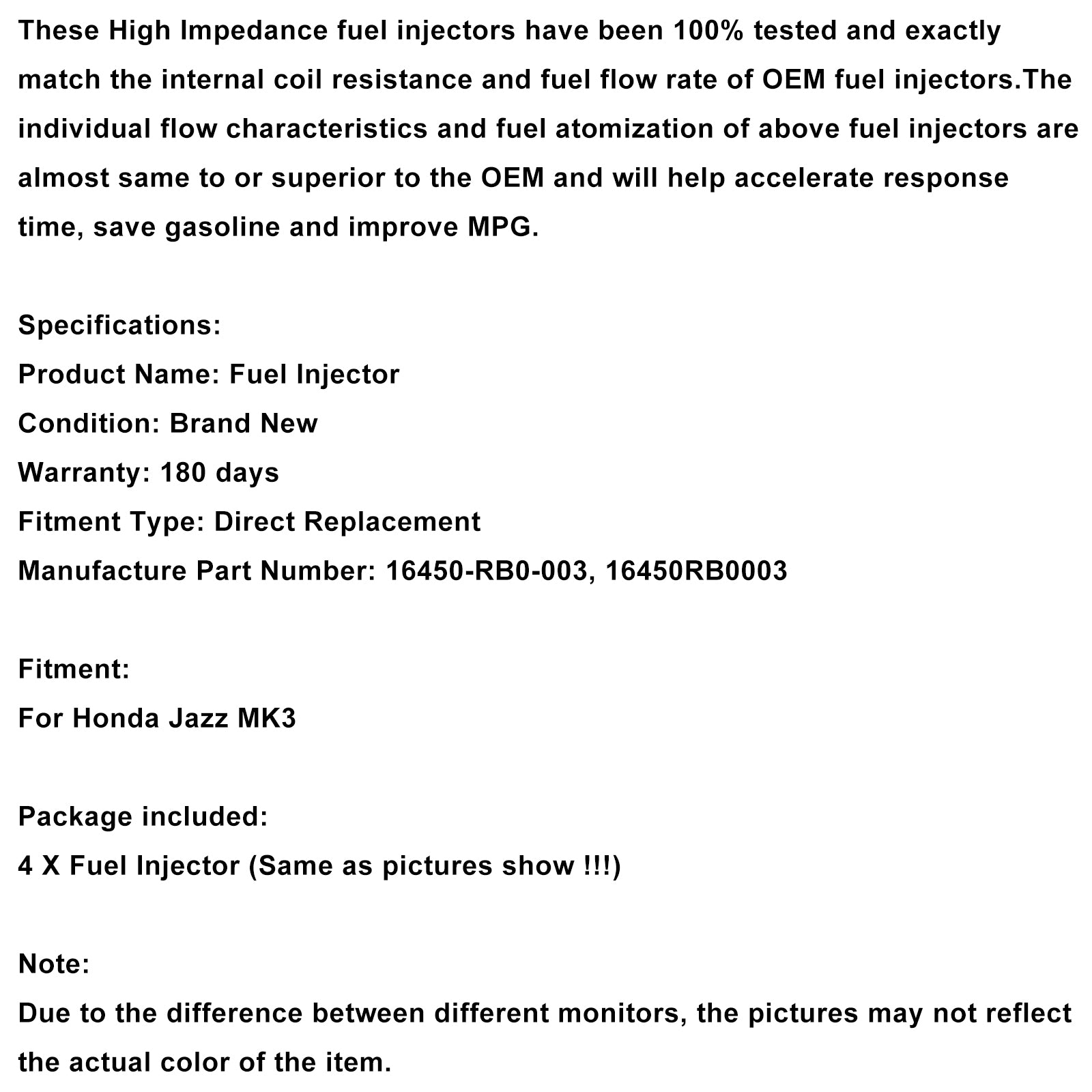 Inyector de combustible Honda Jazz MK3 gasolina 4PCS 16450-RB0-003 16450RB0003