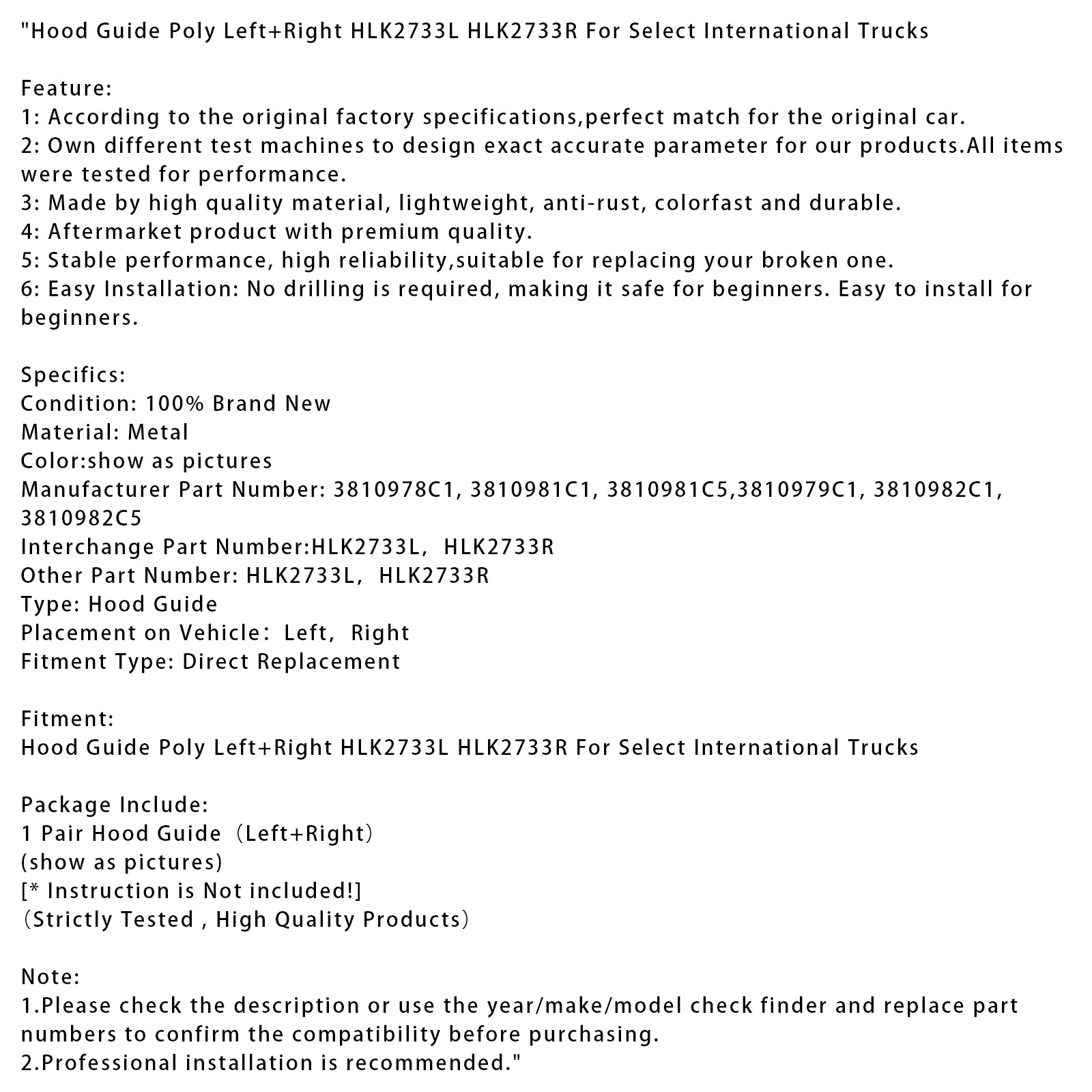 Hood Guide Poly Left+Right HLK2733L HLK2733R For Select International Trucks