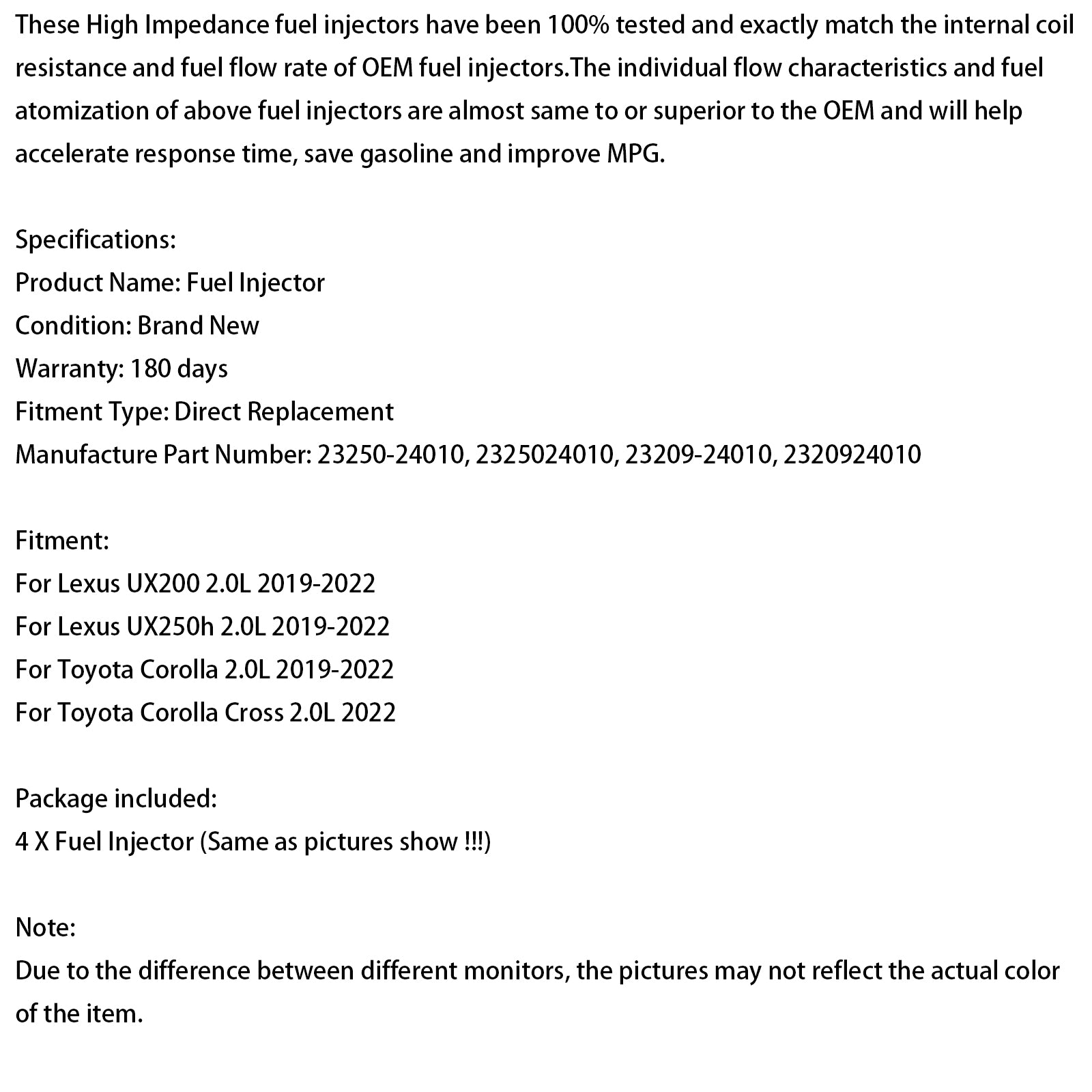 4st bränsleinsprutare 23250-24010 Fit Lexus UX200 UX250H Fit Corolla 2019-2022