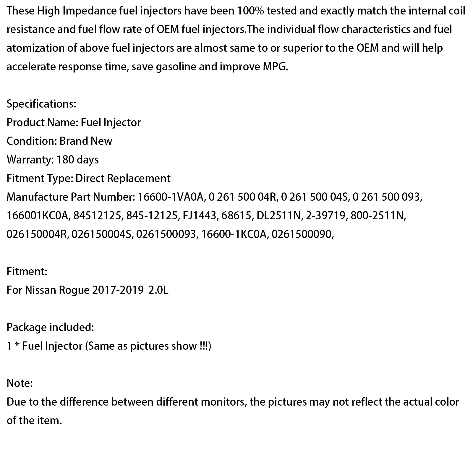 2017-2019 Nissan Rogue 2.0L 1PCS Fuel Injector 0261500090 16600-1VA0A