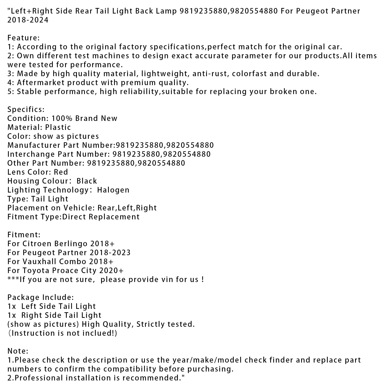 Venstre+høyre side baklys bak lampe for Peugeot-partner 2018-2024