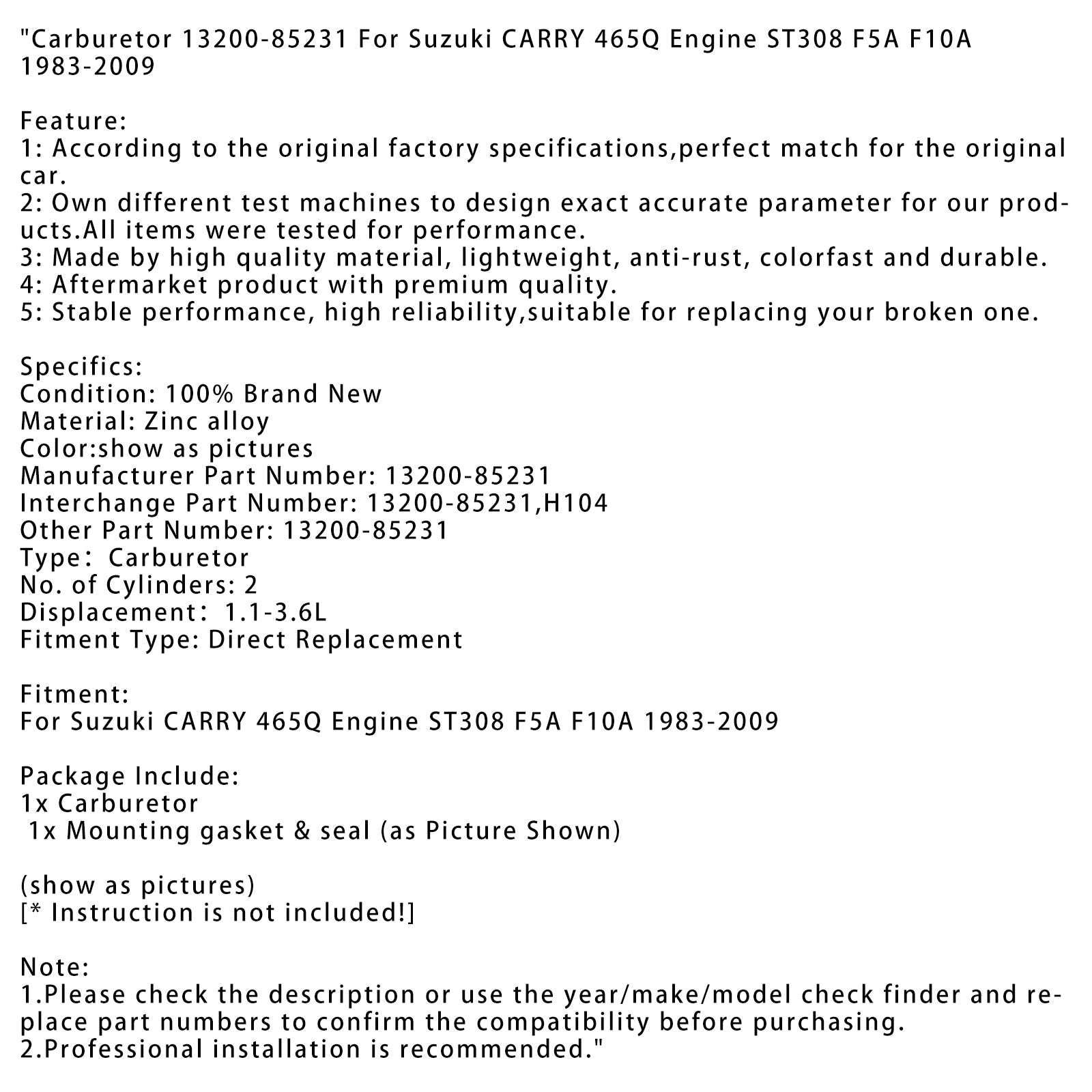 1983-2009 Suzuki Carry 465Q Moteur ST308 F5A F10A Carburateur 13200-85231