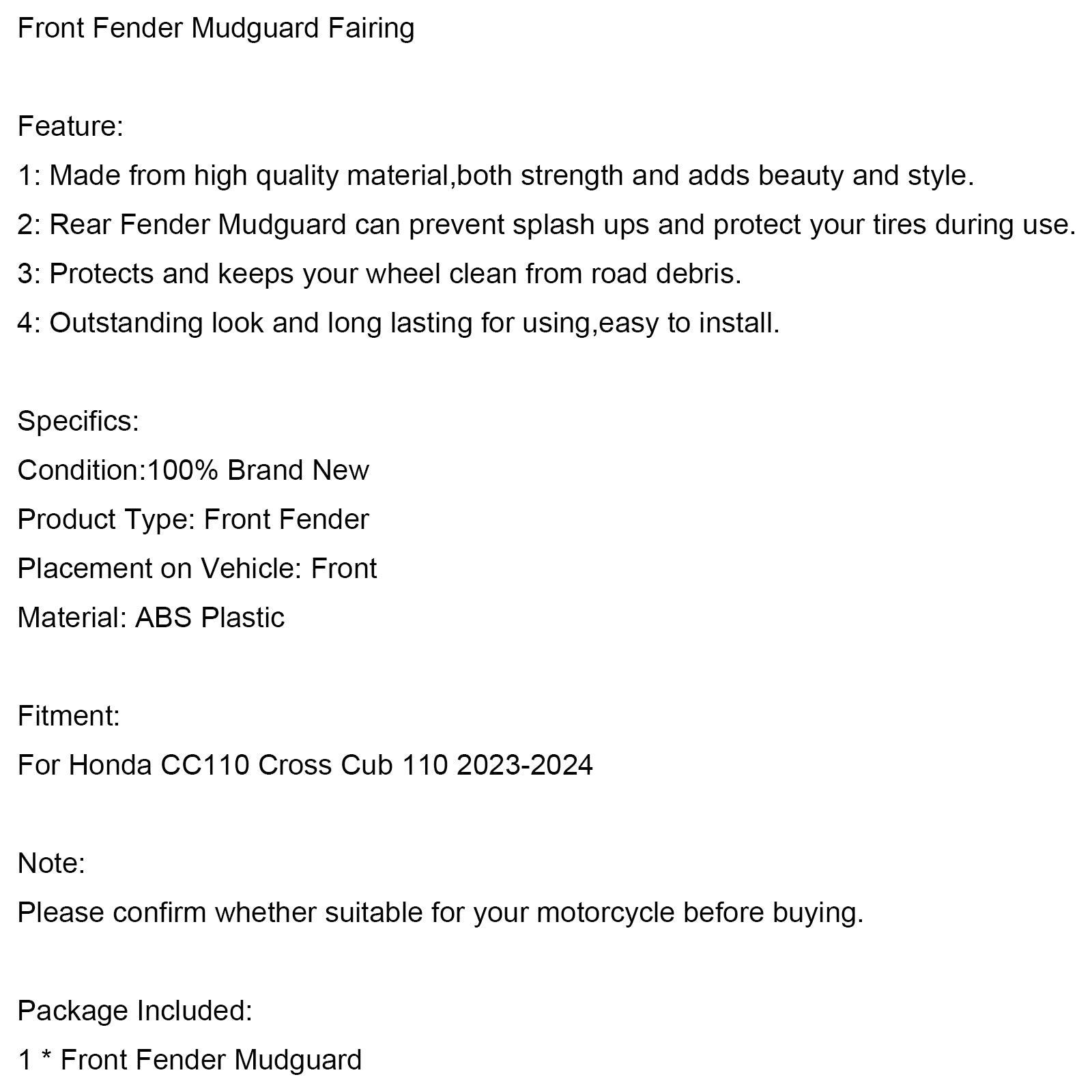 2023-2024 Honda CC110 Cross Cub 110 Fender Fender Mudguard Fairing