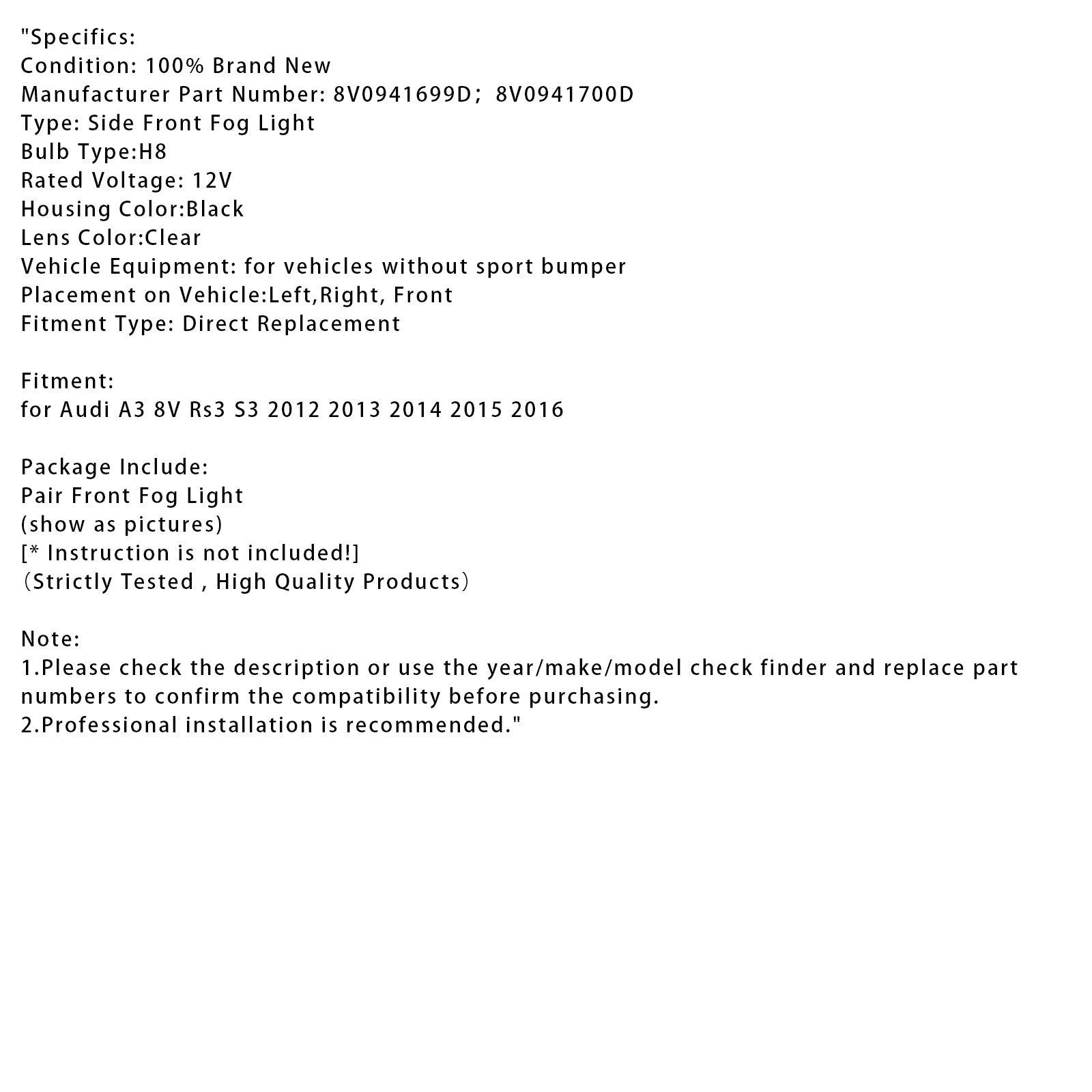 2012-2016 Audi A3 8V RS3 S3 paire lampes légères de brouillard droit avant avec ampoules
