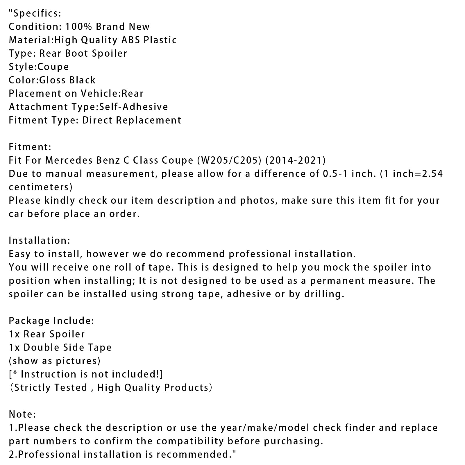 Mercedes-Benz C-Klasse 2014-2021 W205 C205 Coupé Glanzend Zwarte Achterspoiler