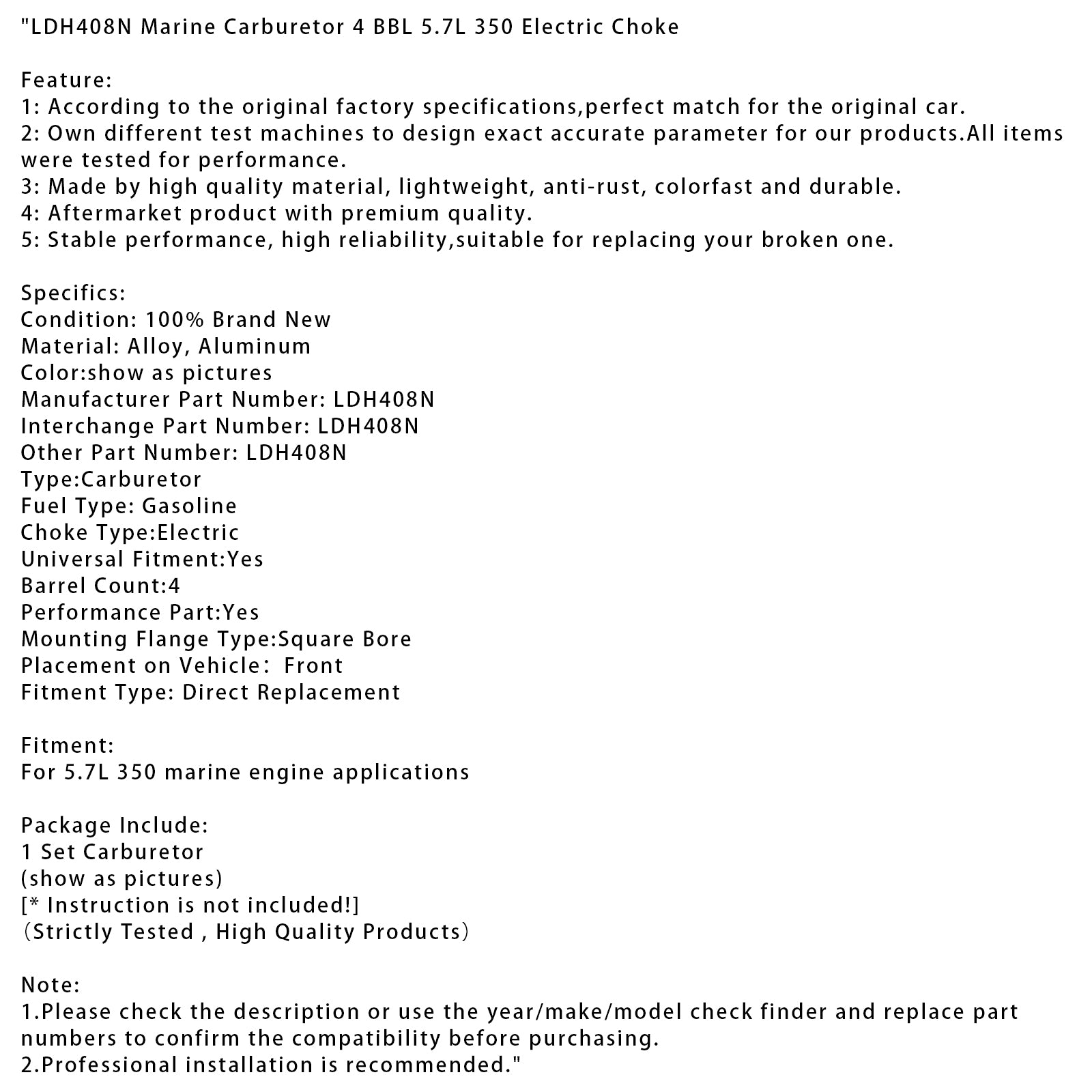 LDH408N Marine Carburetor 4 BBL 5.7L 350 Electric Choke