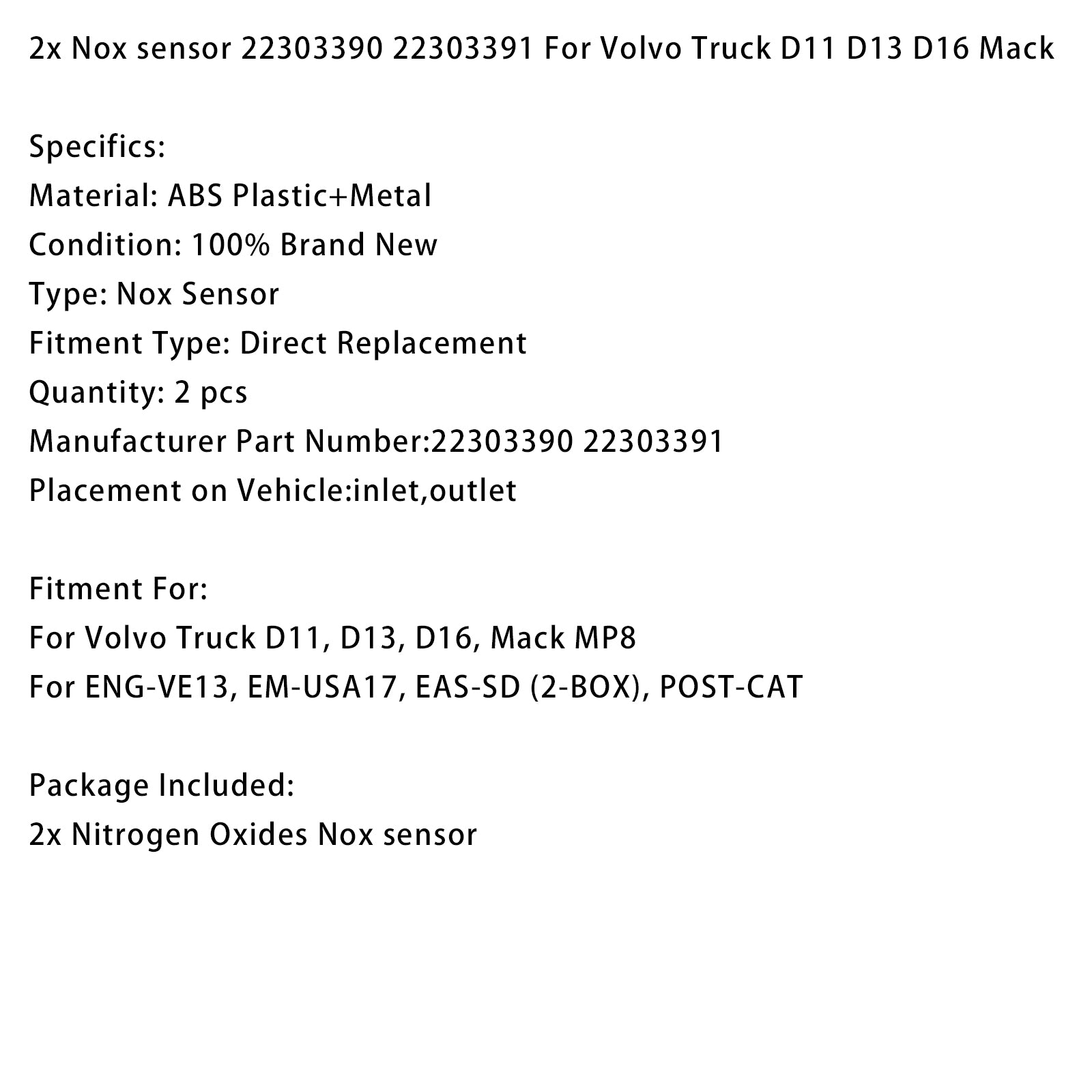 2x Nox sensor 22303390 22303391 Fit For Volvo Truck D11 D13 D16 Mack