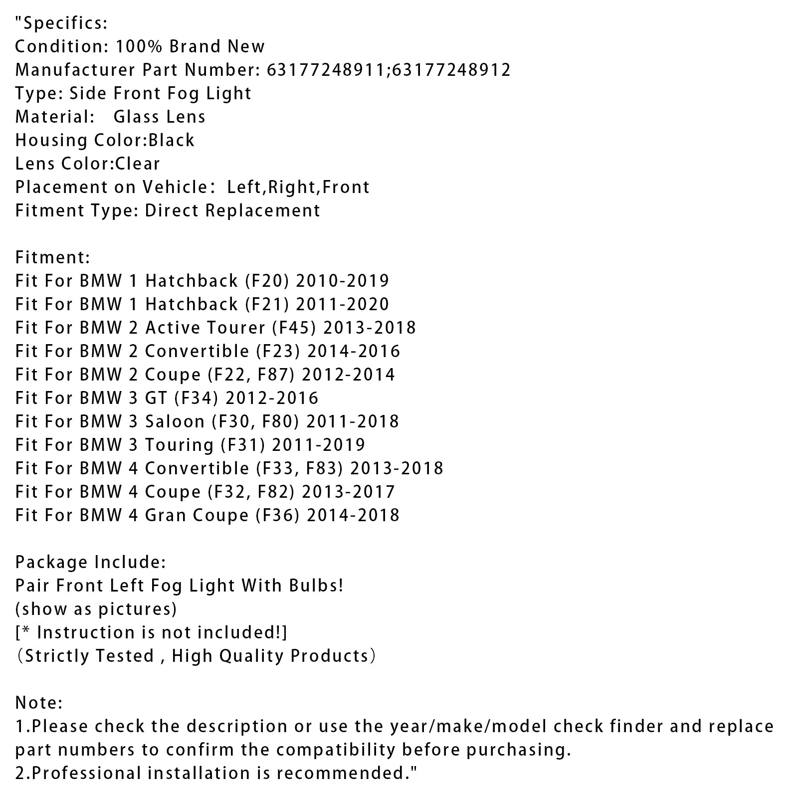 Luz de nevoeiro dianteiro de par com lâmpadas para BMW F20 F21 F30 F31 F80 2011-2019