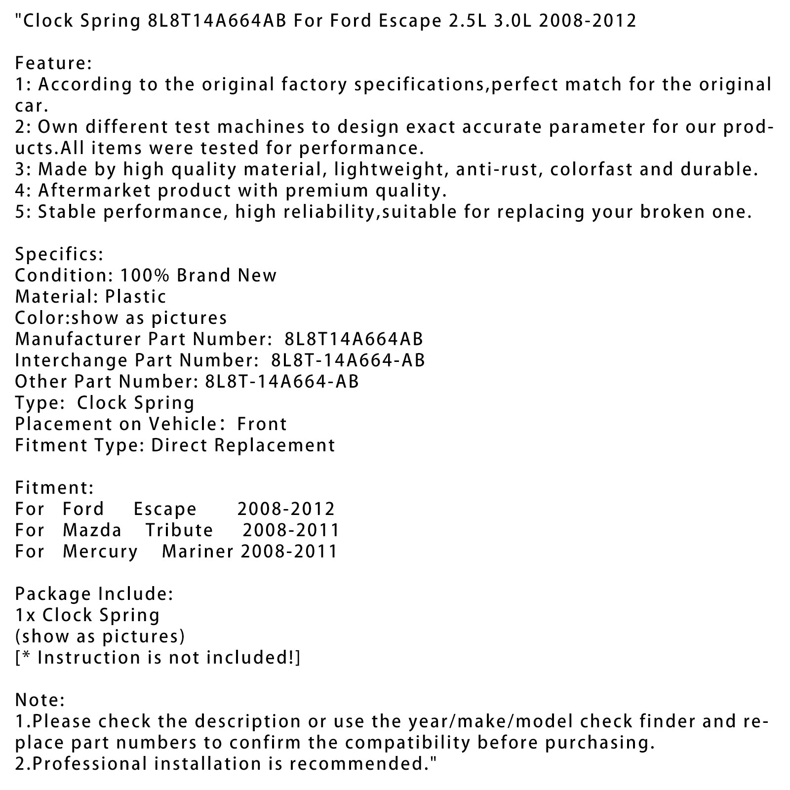 Clock Spring 8L8T14A664AB pre Ford Escape 2,5L 3,0L 2008-2012