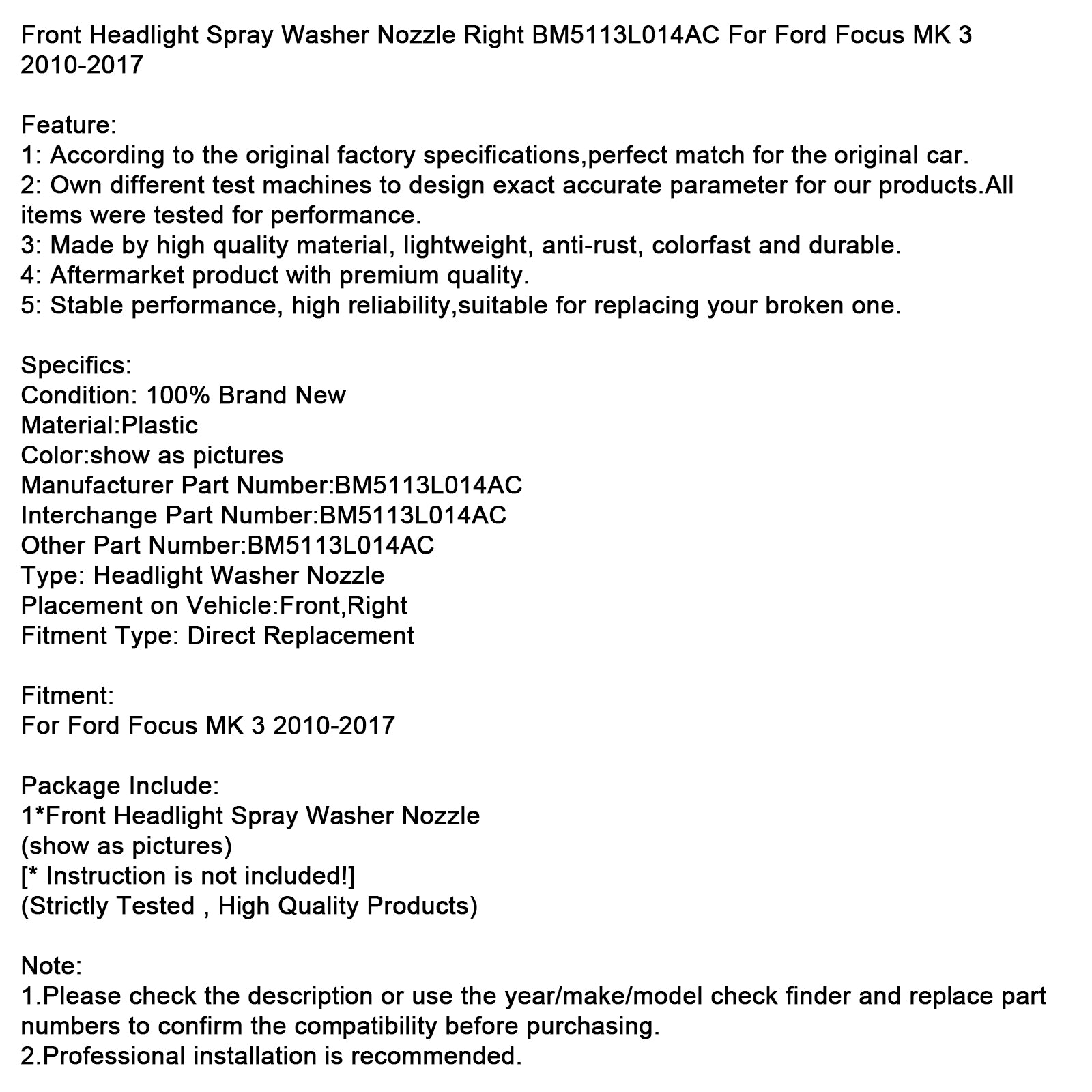 Front Headlight Spray Washer Nozzle Right BM5113L014AC For Ford Focus 10-17