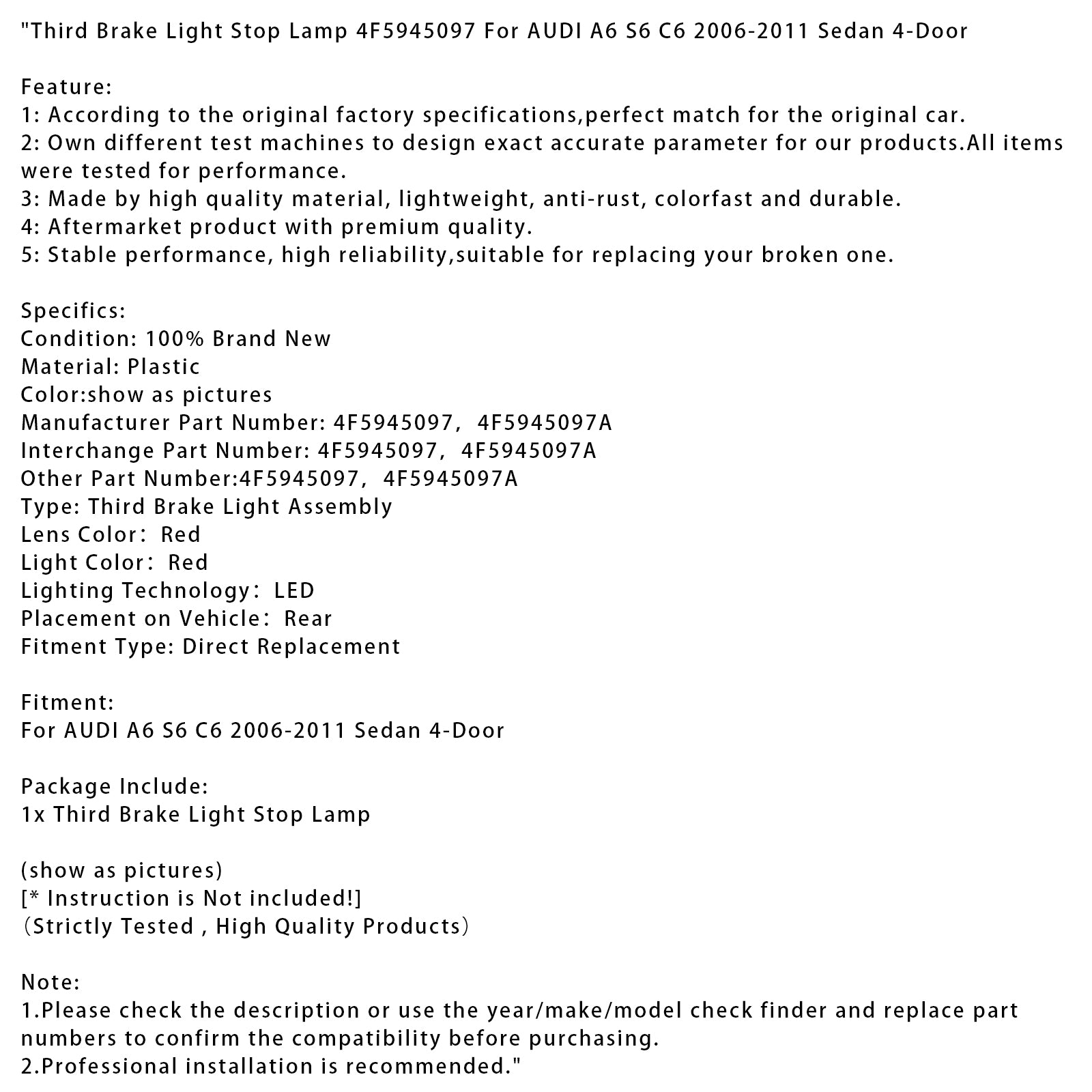 2006-2011 AUDI A6 S6 C6 Sedan 4-Door LED Third Brake Light Stop Lamp 4F5945097