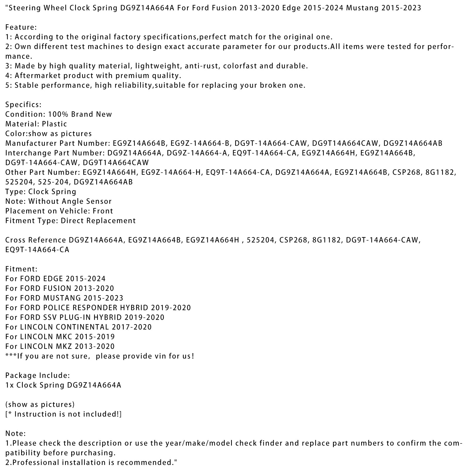 2015-2024 Ford Edge rattklokke Spring DG9Z14A664A EG9Z14A664H 525204