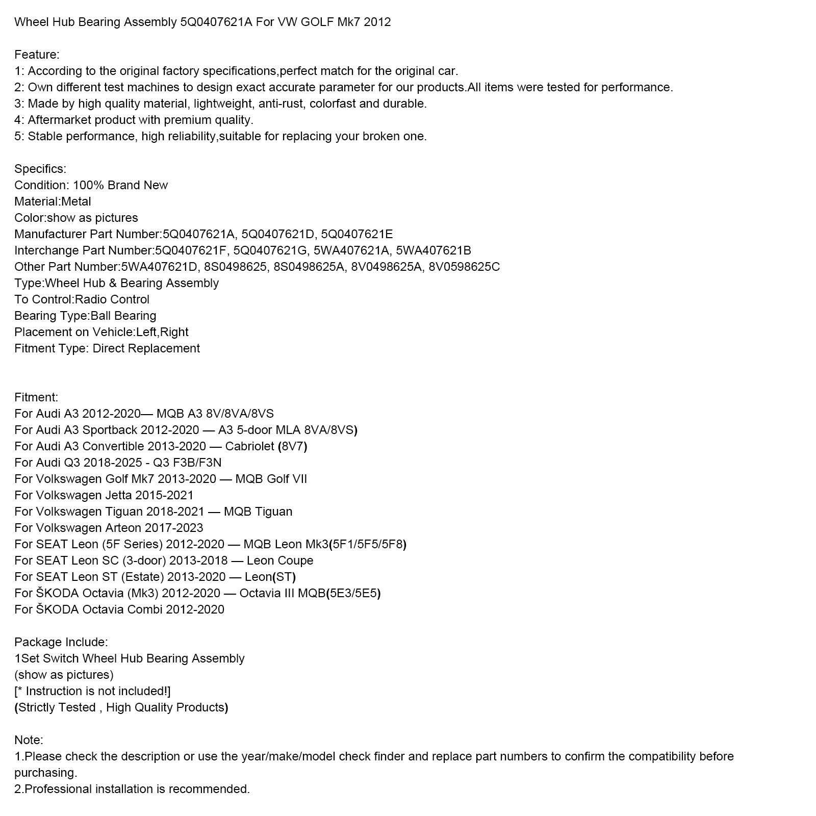 2017?2023 Volkswagen Arteon Wheel Hub Bearing Assembly 5Q0407621A 8S0498625A