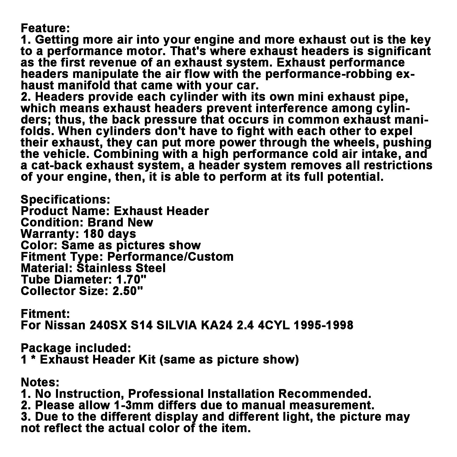 Échappement de collecteur en acier inoxydable pour Nissan 240SX S14 KA24DE 1995-1998