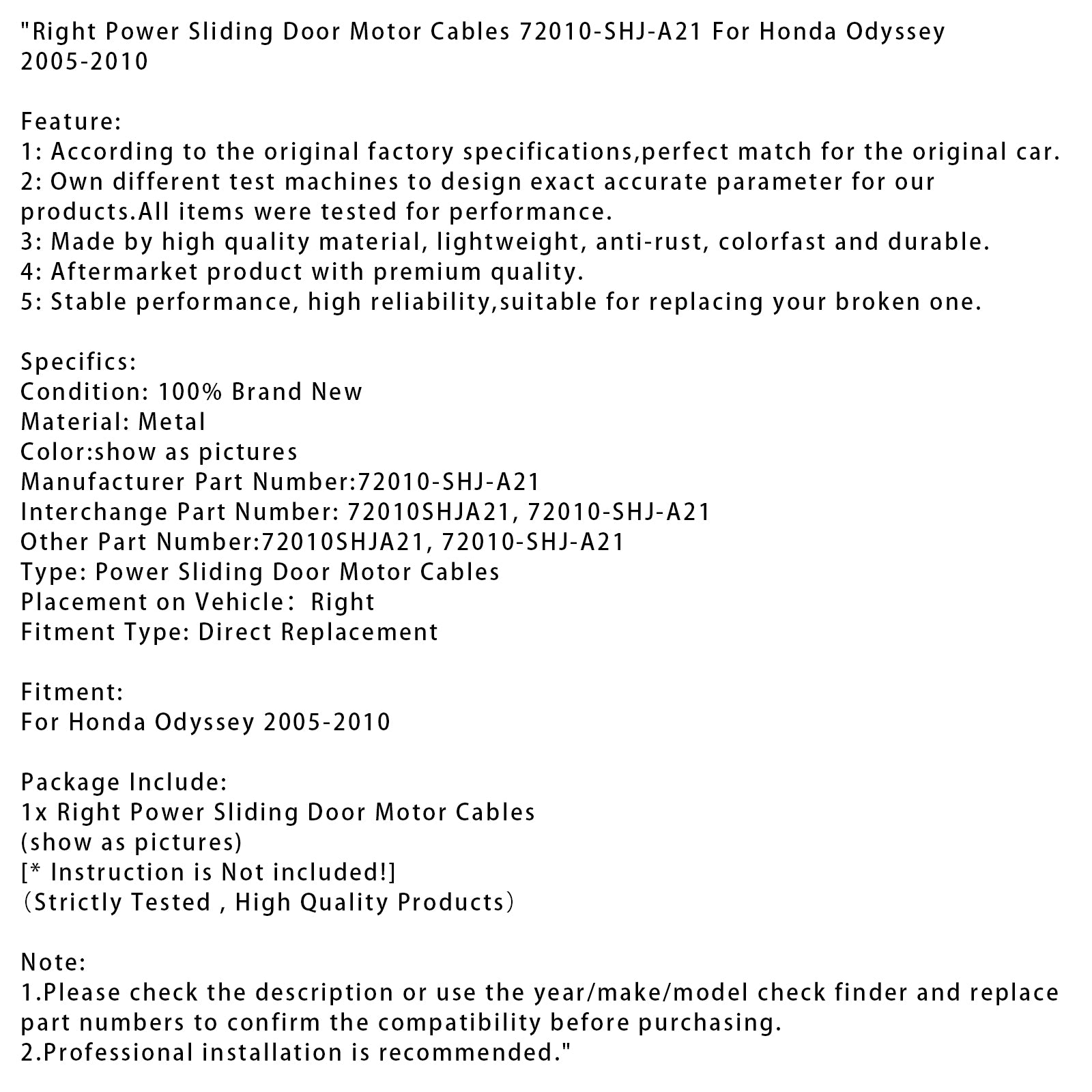 2005-2010 Honda Odyssey Right Power Sliding Door Motor Cables 72010-SHJ-A21