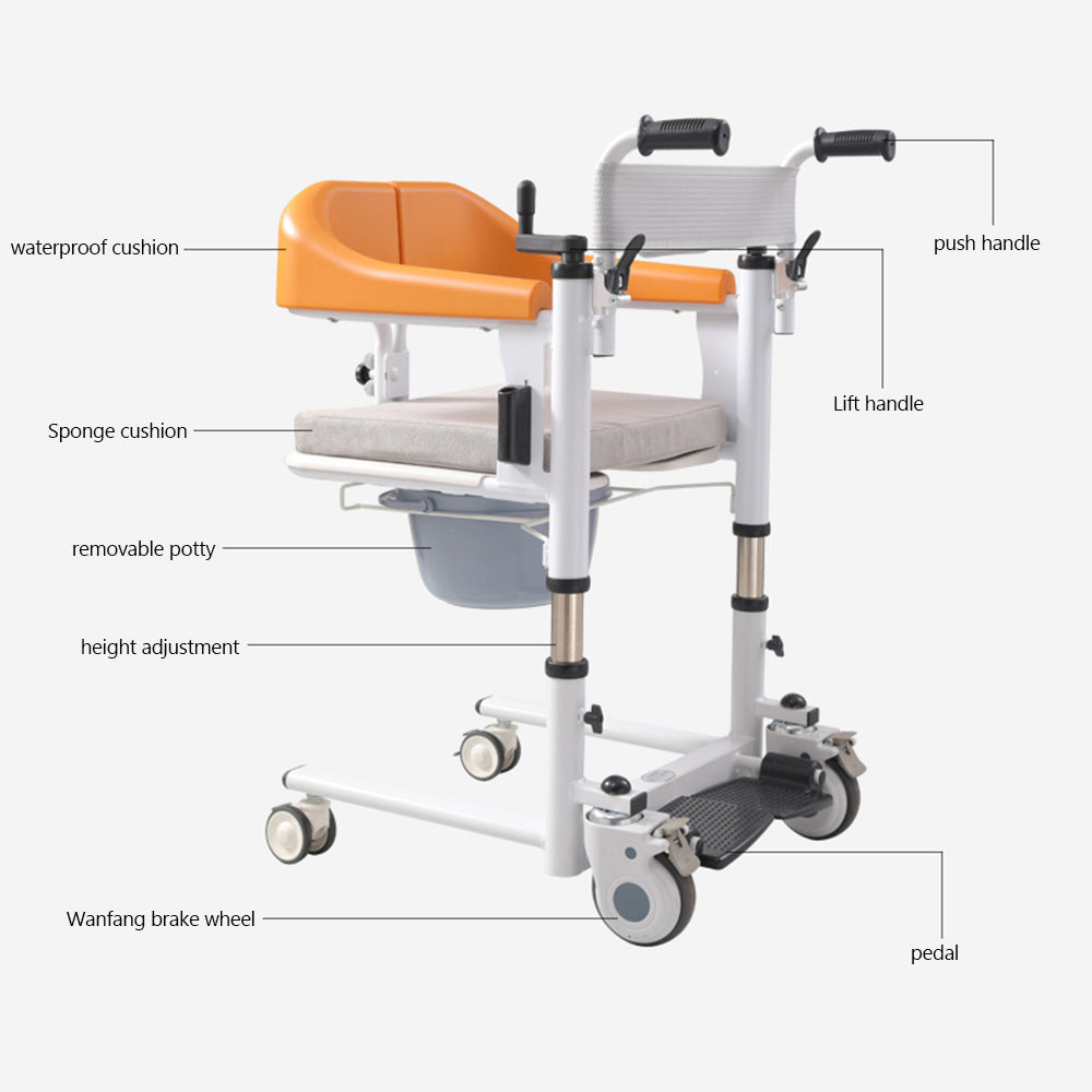 Silla de ruedas para discapacitados con elevación de transferencia de pacientes mayores con asiento dividido de 180° y cuña