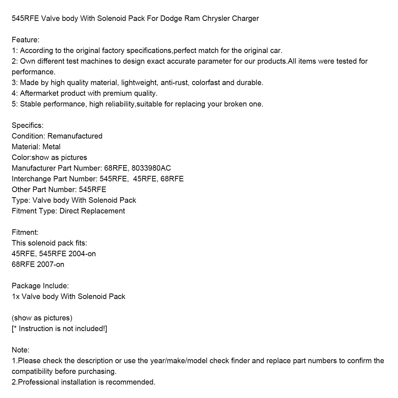 2004-up Dodge Ram Chrysler Charger Valve Body With Solenoid Pack 545RFE