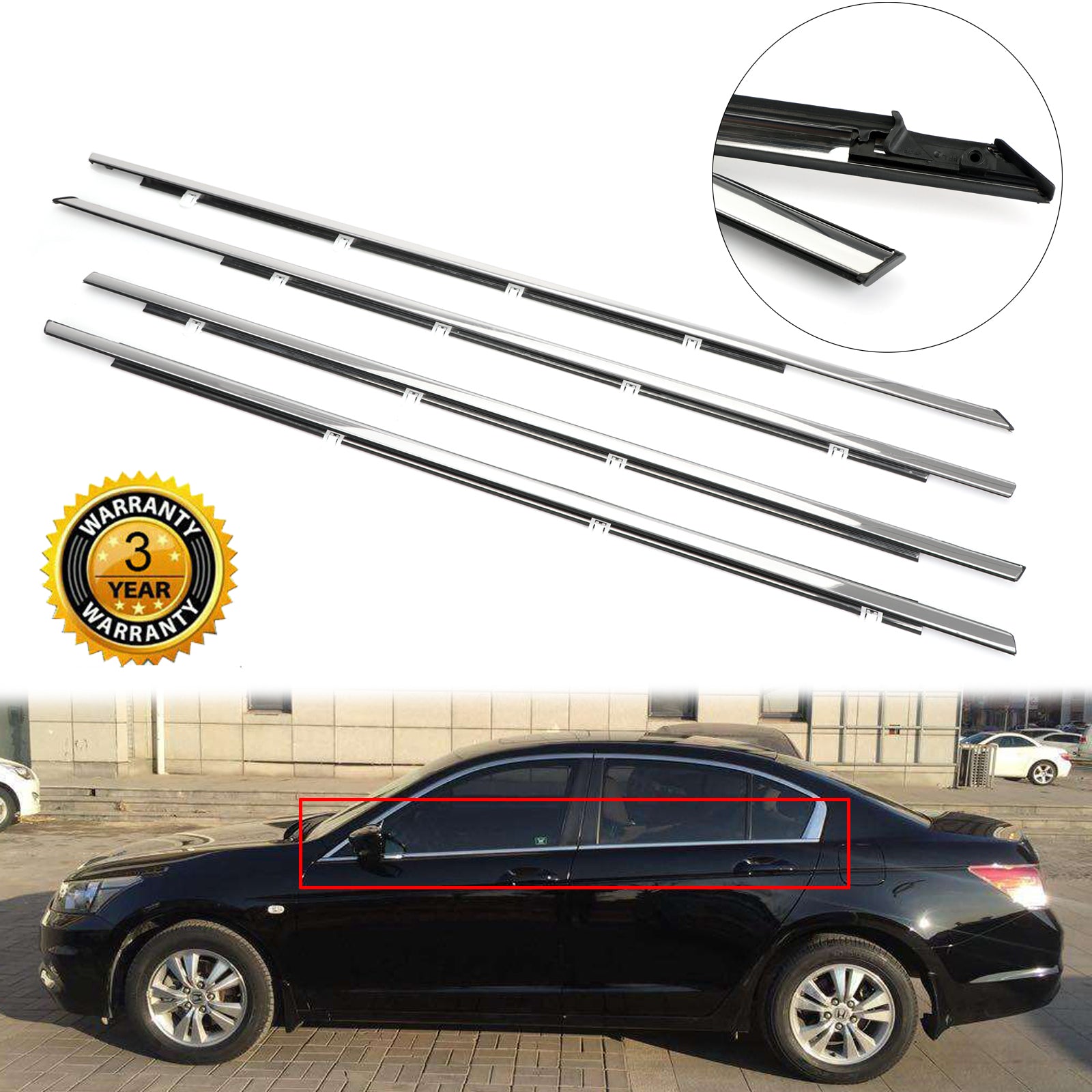 2008-2012 Honda Accord 4pcs Chrome Weatherstrip Window Moulding Trim Seal Belt