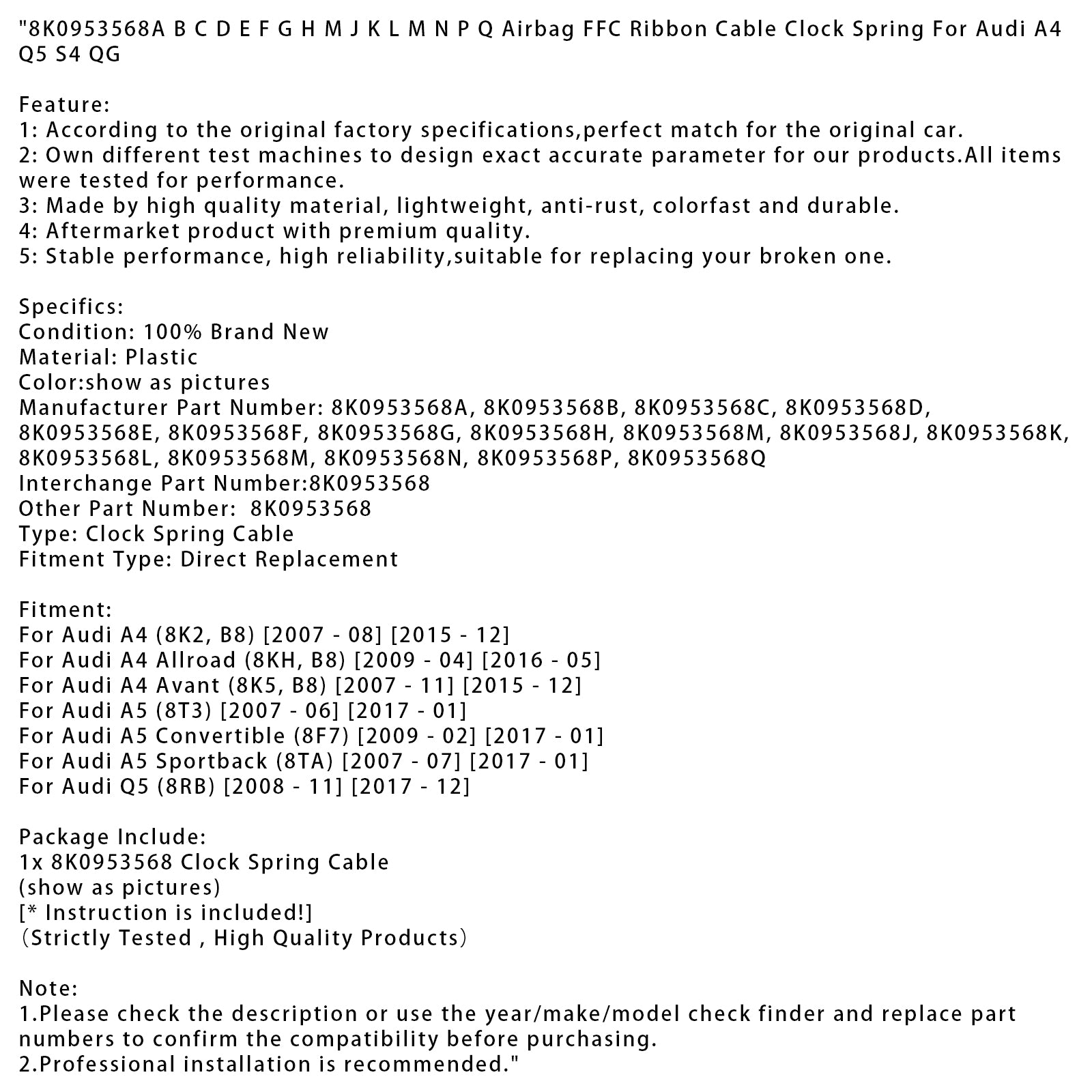 2007.08-2015.12 Audi A4 (8K2, B8) Cable plano FFC del airbag Resorte de reloj 8K0953568A BCDEFGHMJKLMNPQ
