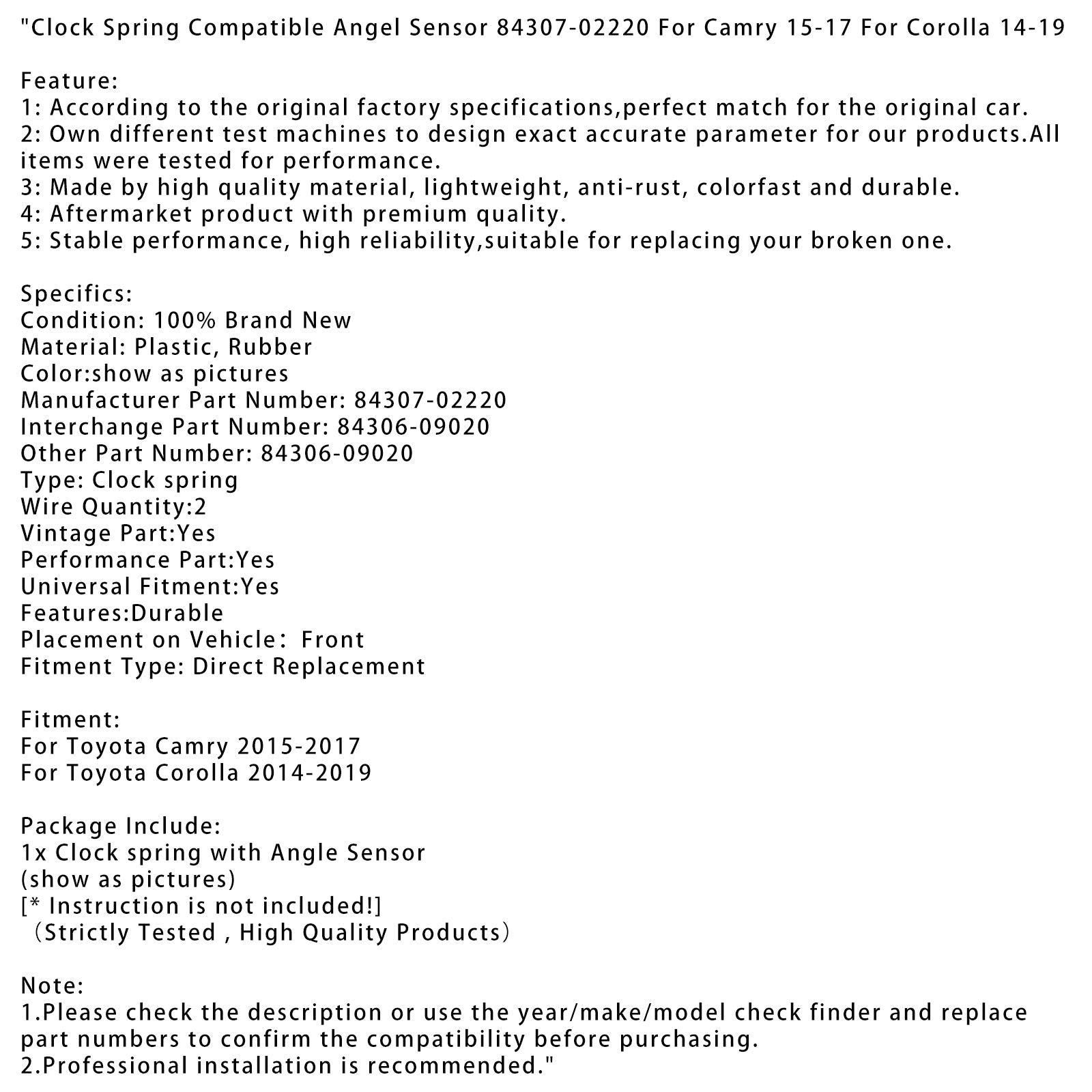 Clock Spring Compatible Angel Sensor 84307-02220 for Camry 15-17