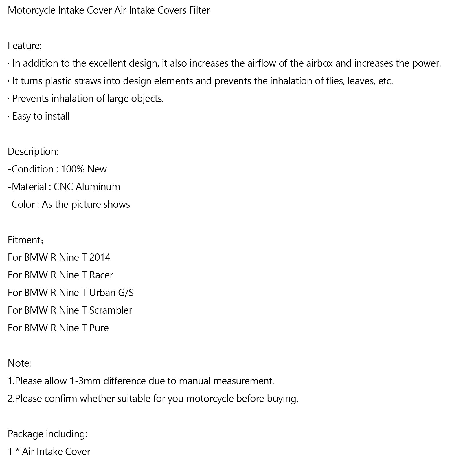 BMW r nio t nio t r9t insugning av luftintag täcker filter svart