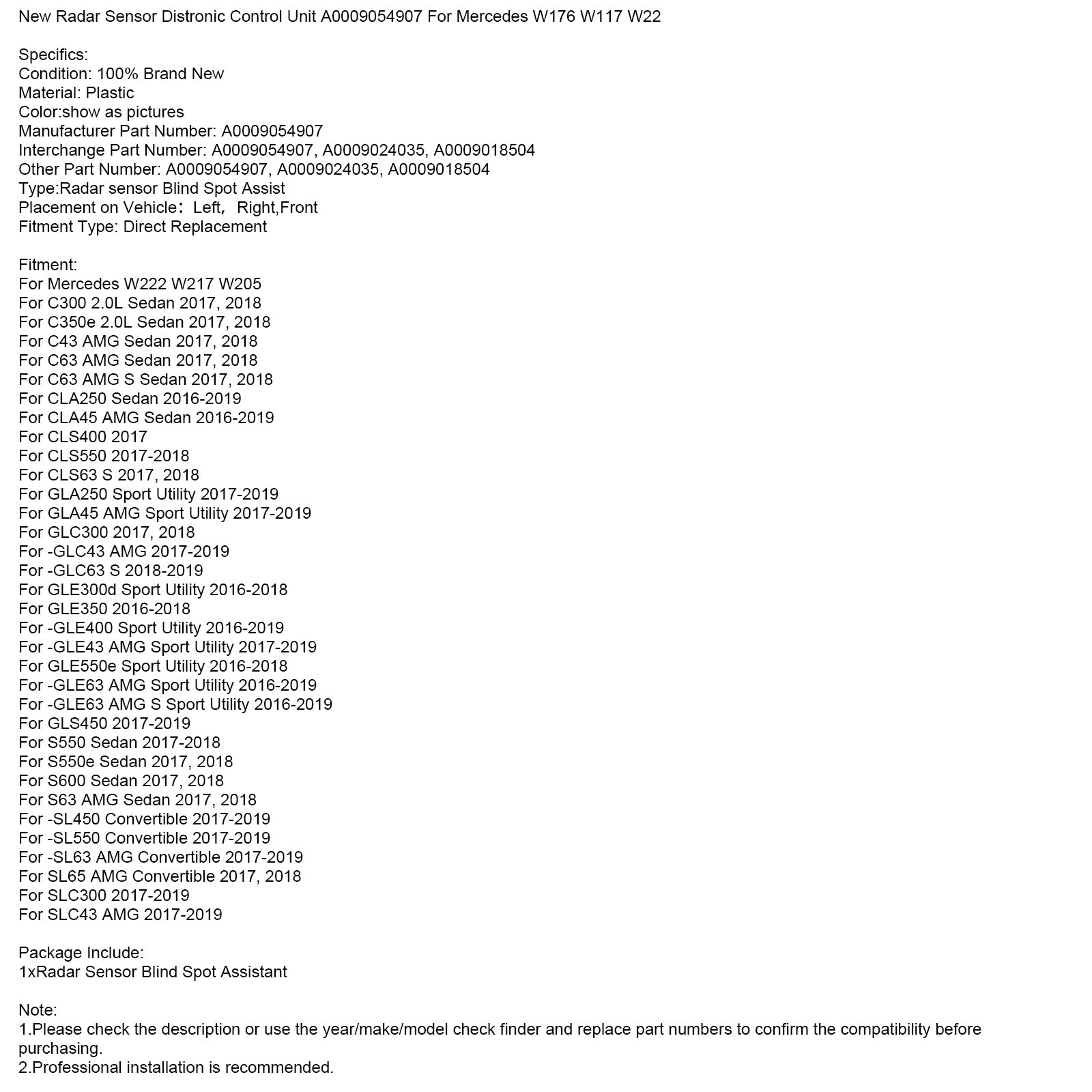 Mercedes 2017-2018 W222 W217 W205 Unité de commande de radar de surveillance de la berline S600 A0009054907