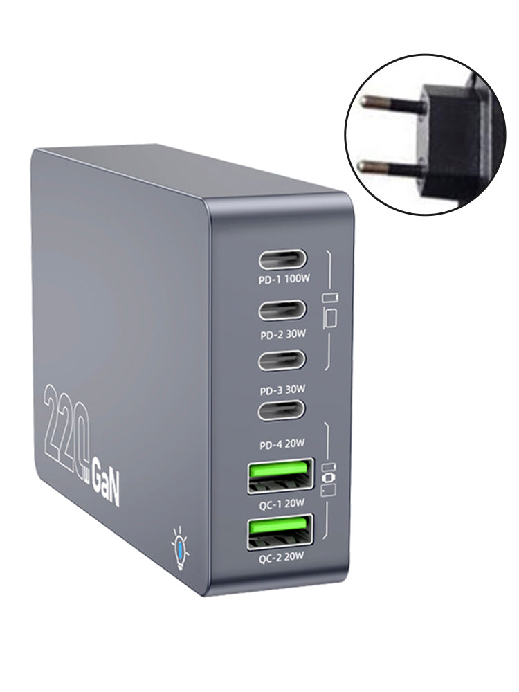 F8A Desktop Charging Station USB 6-Port Fast Charger PD100W ladestativ Smart lader EU-plugg
