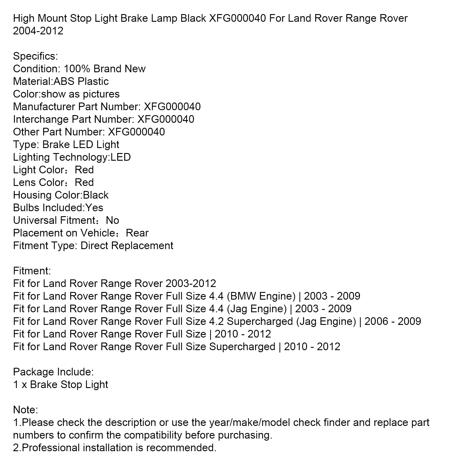 Luz de freno de montaje alto, lámpara negra XFG000040 para Land Rover Range Rover