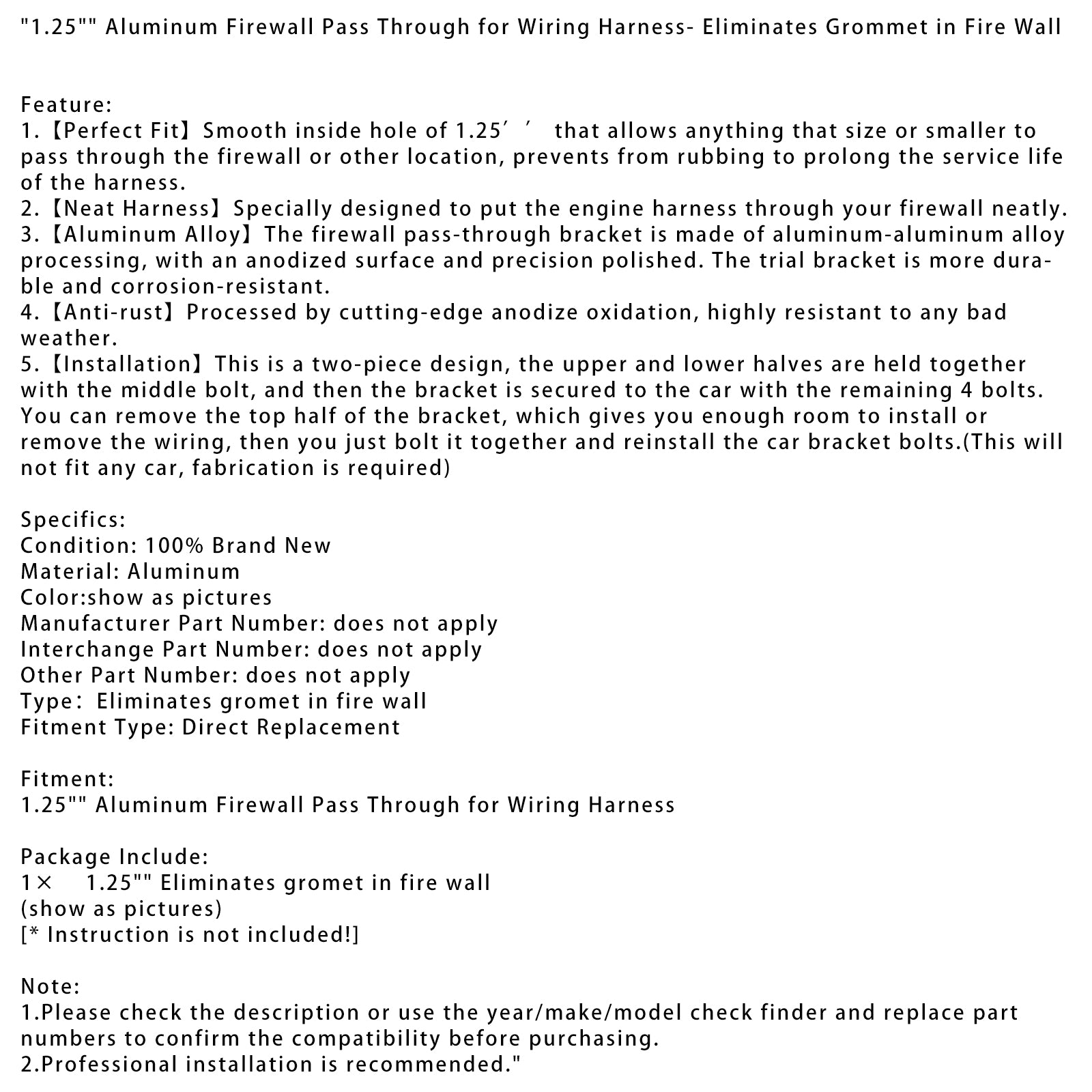 1.25" Genomföring av brandvägg i aluminium för kabelhärva – eliminerar öljetter