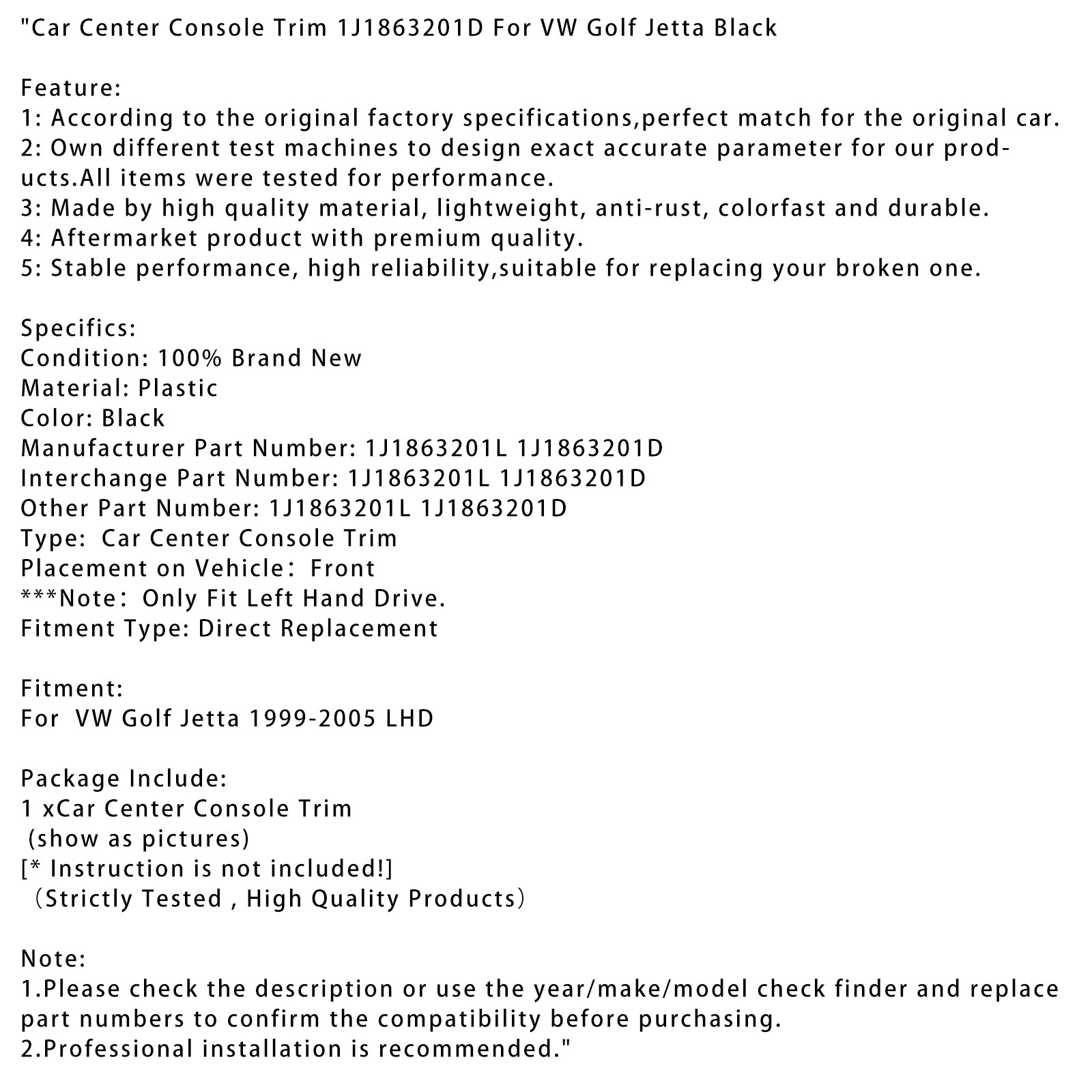 1999-2005 VW Golf Jetta Lhd Car Center Console Trim 1J1863201L 1J1863201D Black